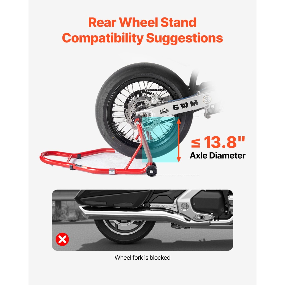 Βάση πίσω τροχού VEVOR μοτοσικλέτας, 850 LBS Load Capacity Heavy Duty Rear Wheel Stan with U + L Fork Swingarm Spool, Adjustabe Stand ανύψωσης μοτοσικλέτας, για Suzuki Yamaha Honda Kawasaki, κόκκινο