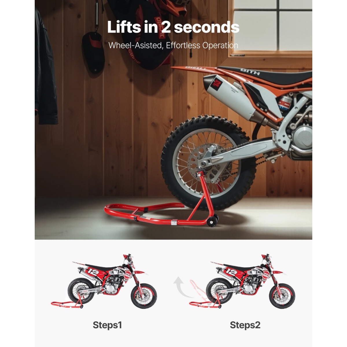 Βάση πίσω τροχού VEVOR μοτοσικλέτας, 850 LBS Load Capacity Heavy Duty Rear Wheel Stan with U + L Fork Swingarm Spool, Adjustabe Stand ανύψωσης μοτοσικλέτας, για Suzuki Yamaha Honda Kawasaki, κόκκινο