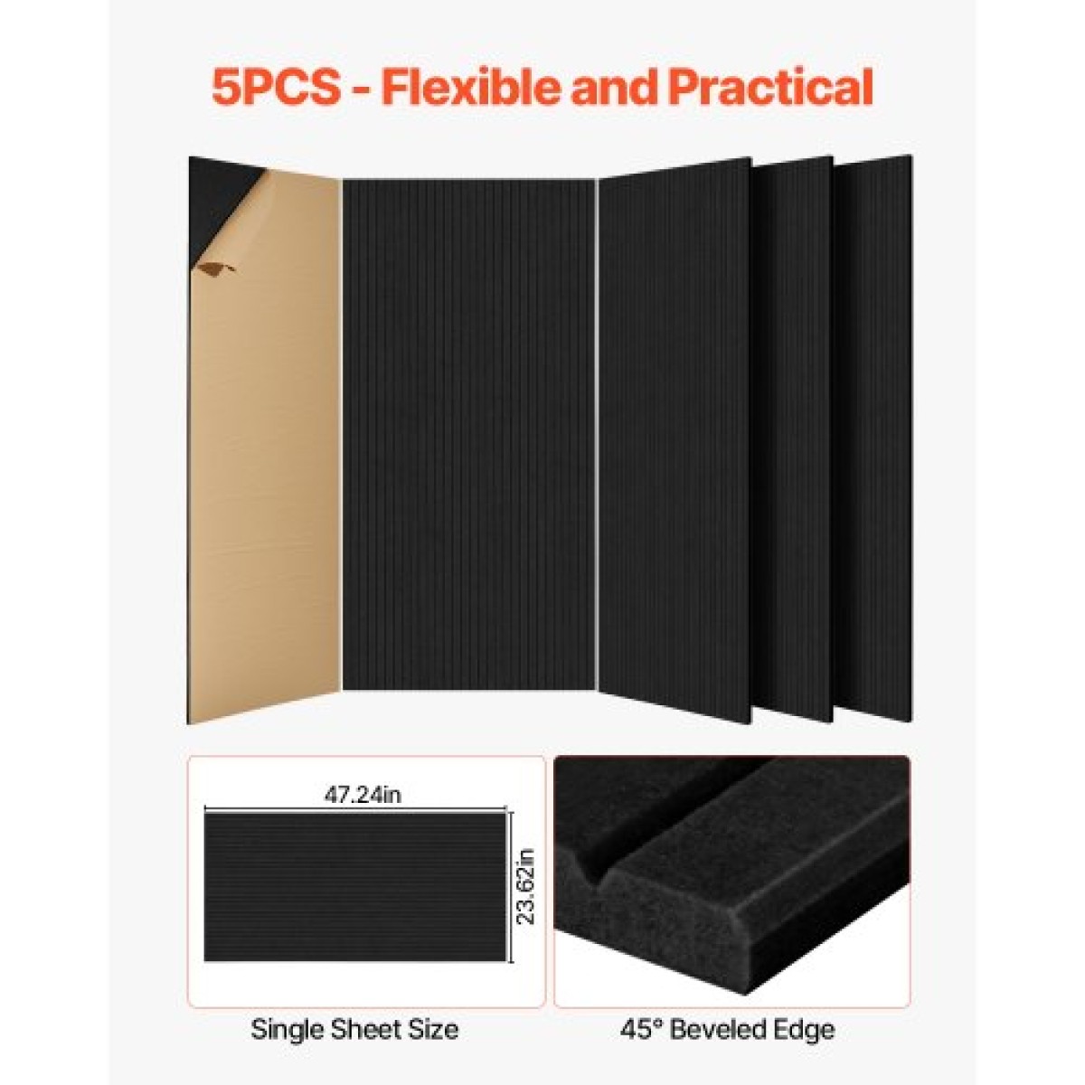 VEVOR 5 Pack Ακουστικά πάνελ με αυτοκόλλητο, 47,2 x 23,6 x 0,4 ιντσών ηχομονωτικά πάνελ αφρού, πολυεστερικές ίνες ηχομονωτικά πάνελ τοίχου υψηλής πυκνότητας, για σπίτι, στούντιο, γραφείο, θέατρο, μαύρο