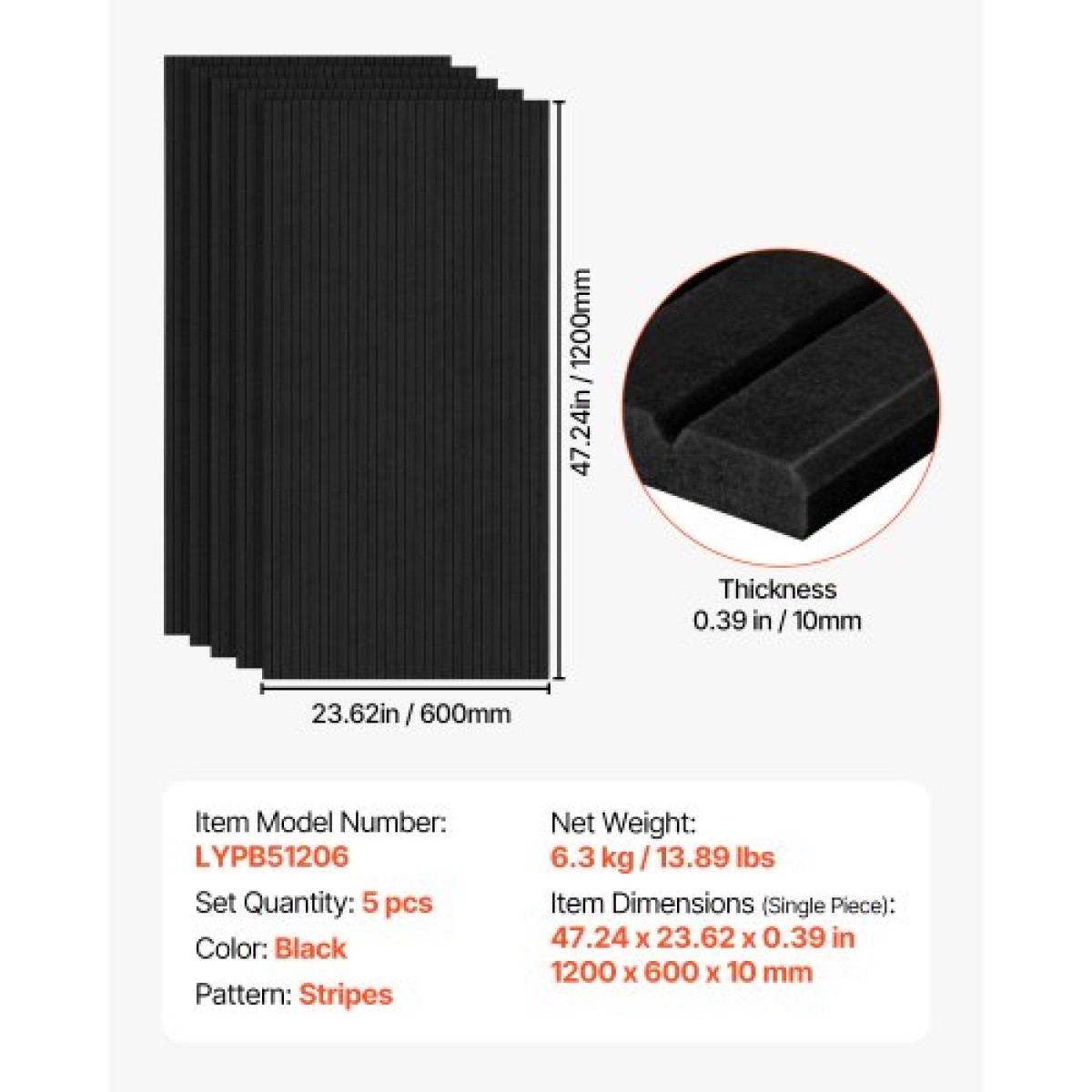 VEVOR 5 Pack Ακουστικά πάνελ με αυτοκόλλητο, 47,2 x 23,6 x 0,4 ιντσών ηχομονωτικά πάνελ αφρού, πολυεστερικές ίνες ηχομονωτικά πάνελ τοίχου υψηλής πυκνότητας, για σπίτι, στούντιο, γραφείο, θέατρο, μαύρο