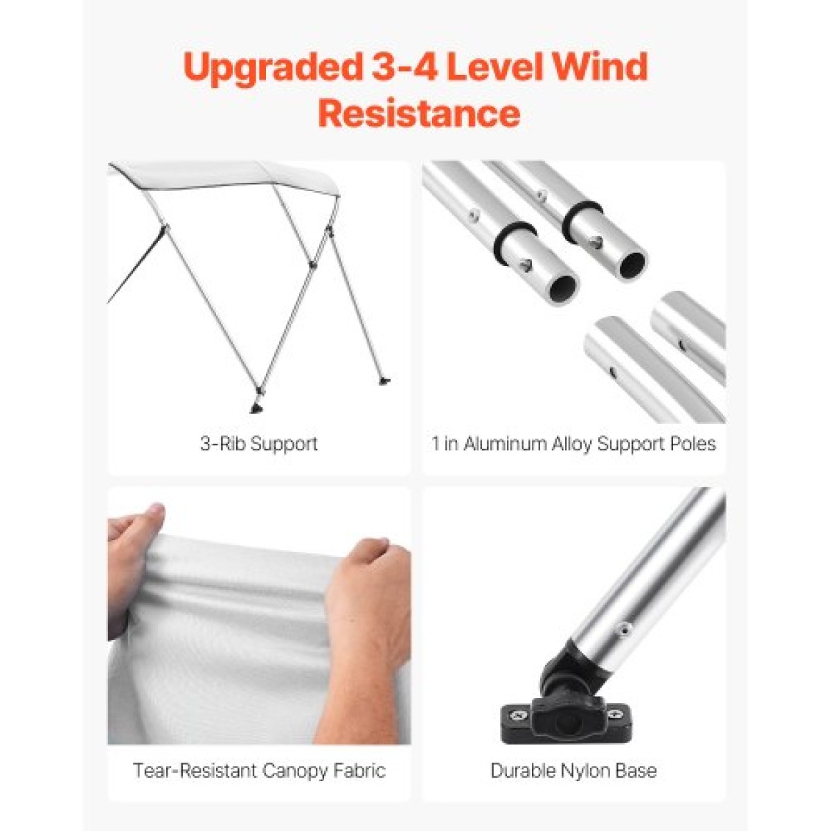 VEVOR 3 Bow Boat Bimini Tops, 600D Πολυεστερικός θόλος με σκελετό από κράμα αλουμινίου, Αδιάβροχο & Sun Shade σκίαστρο σκάφος με τσάντα αποθήκευσης, 2 κοντάρια στήριξης, 4 ιμάντες, 72"Lx(85"-90")Wx46"H, ανοιχτό γκρι
