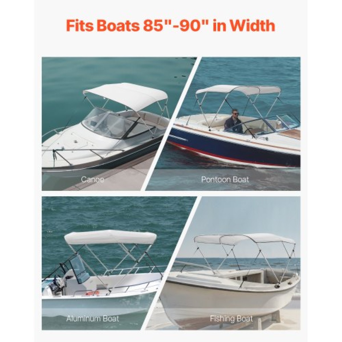 VEVOR 3 Bow Boat Bimini Tops, 600D Πολυεστερικός θόλος με σκελετό από κράμα αλουμινίου, Αδιάβροχο & Sun Shade σκίαστρο σκάφος με τσάντα αποθήκευσης, 2 κοντάρια στήριξης, 4 ιμάντες, 72"Lx(85"-90")Wx46"H, ανοιχτό γκρι
