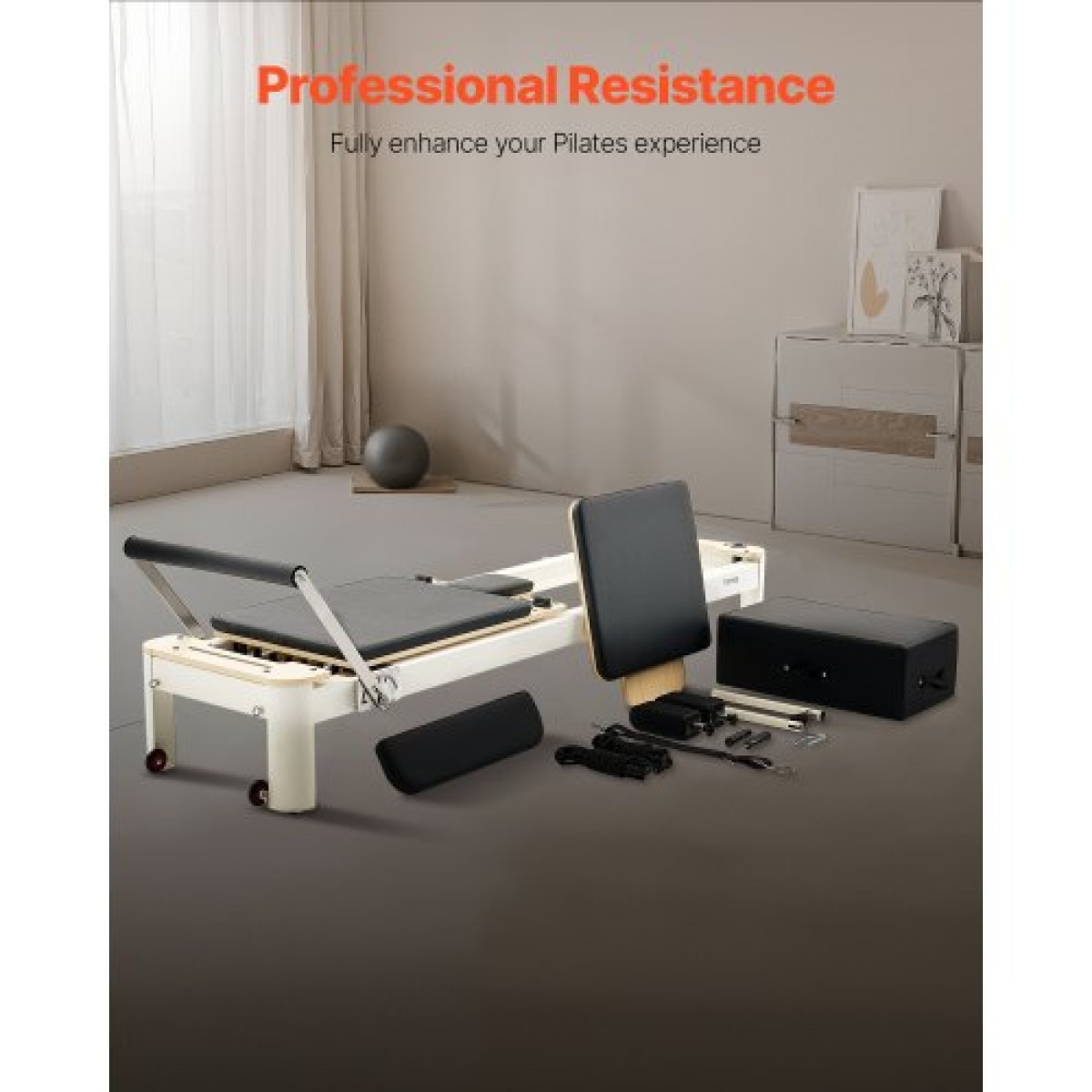 Μηχάνημα VEVOR Pilates Reformer, κρεβάτι Pilates με καθιστικό, για προχωρημένους χρήστες και αρχάριους στο γυμναστήριο στο σπίτι, εξοπλισμός Reformer με διπλή αντίσταση - ελατήριο & κορδόνι, έως 400 LBS