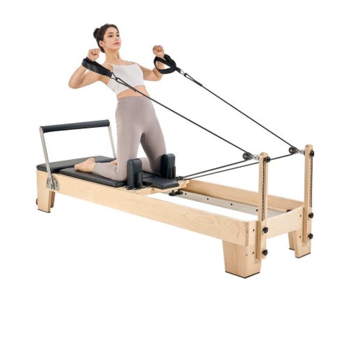 Μηχάνημα VEVOR Pilates Reformer, Ξύλινος εξοπλισμός προπόνησης Pilates για χρήση στο γυμναστήριο στο σπίτι, κρεβάτι Pilates με διπλή αντίσταση - ελατήριο & κορδόνι, σετ Reformer με καθιστικό, έως 400 LBS