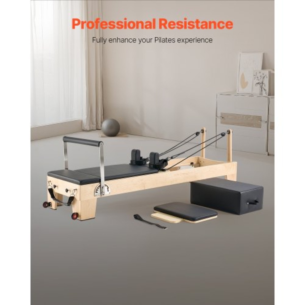 Μηχάνημα VEVOR Pilates Reformer, Ξύλινος εξοπλισμός προπόνησης Pilates για χρήση στο γυμναστήριο στο σπίτι, κρεβάτι Pilates με διπλή αντίσταση - ελατήριο & κορδόνι, σετ Reformer με καθιστικό, έως 400 LBS