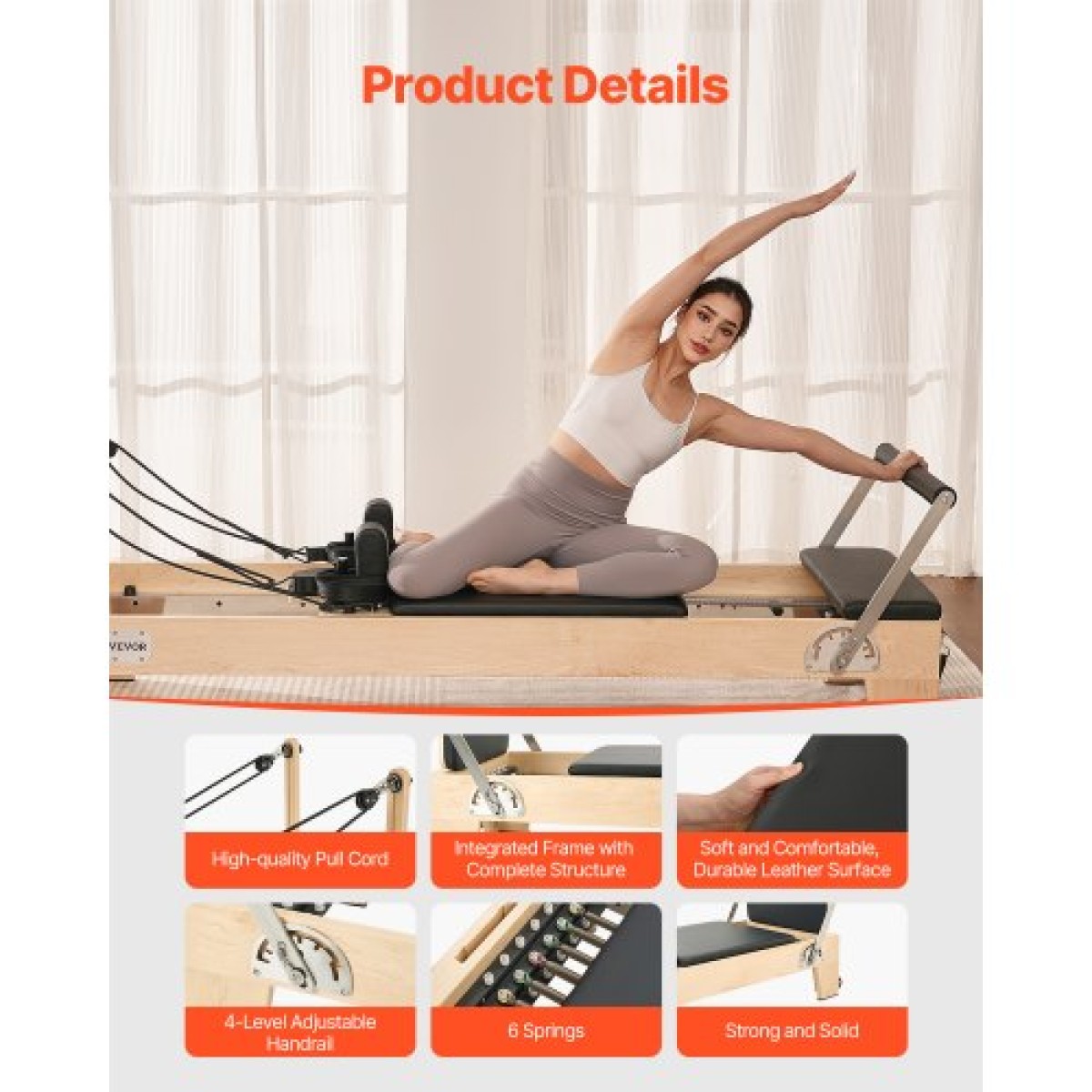 Μηχάνημα VEVOR Pilates Reformer, Ξύλινος εξοπλισμός προπόνησης Pilates για χρήση στο γυμναστήριο στο σπίτι, κρεβάτι Pilates με διπλή αντίσταση - ελατήριο & κορδόνι, σετ Reformer με καθιστικό, έως 400 LBS