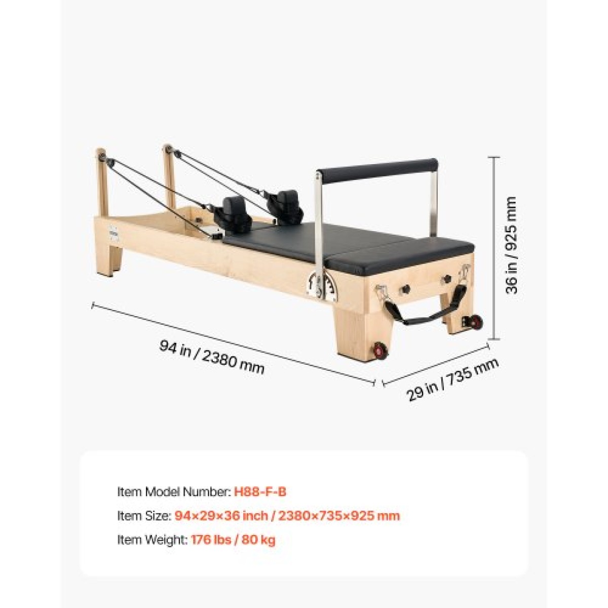 Μηχάνημα VEVOR Pilates Reformer, Ξύλινος εξοπλισμός προπόνησης Pilates για χρήση στο γυμναστήριο στο σπίτι, κρεβάτι Pilates με διπλή αντίσταση - ελατήριο & κορδόνι, σετ Reformer με καθιστικό, έως 400 LBS