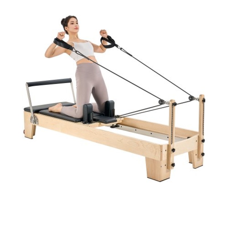 Μηχάνημα VEVOR Pilates Reformer, Ξύλινος εξοπλισμός προπόνησης Pilates για χρήση στο γυμναστήριο στο σπίτι, κρεβάτι Pilates με διπλή αντίσταση - ελατήριο & κορδόνι, σετ Reformer με καθιστικό, έως 400 LBS