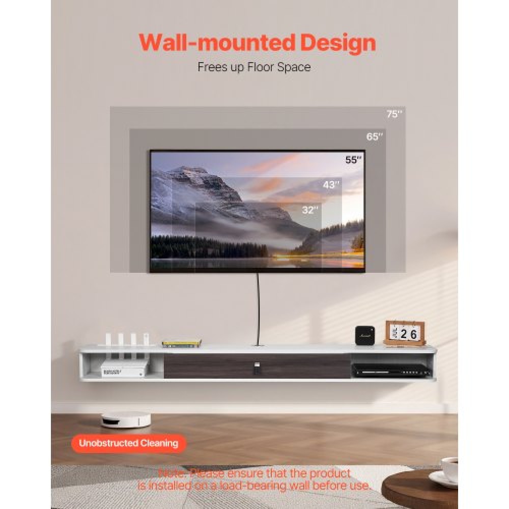 Πλωτή βάση τηλεόρασης VEVOR, 70 in Wall Mount Entertainment Center με τρύπα καλωδίου, μοντέρνο πλωτό ράφι τηλεόρασης με ντουλάπι αποθήκευσης, κονσόλα μοριοσανίδων για συσκευή αναπαραγωγής DVD, κουτί καλωδίων, κονσόλα παιχνιδιών, λευκό