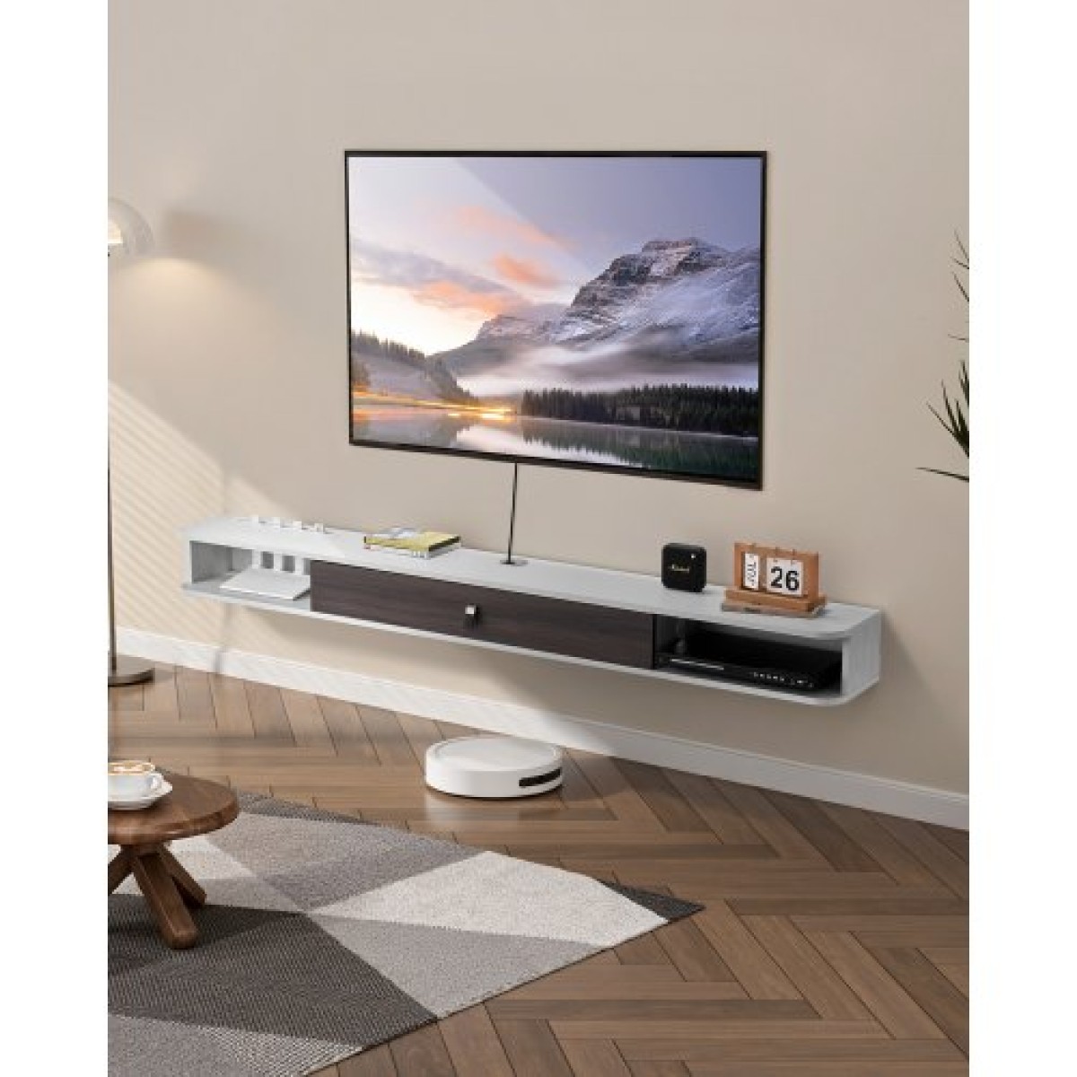 Πλωτή βάση τηλεόρασης VEVOR, 70 in Wall Mount Entertainment Center με τρύπα καλωδίου, μοντέρνο πλωτό ράφι τηλεόρασης με ντουλάπι αποθήκευσης, κονσόλα μοριοσανίδων για συσκευή αναπαραγωγής DVD, κουτί καλωδίων, κονσόλα παιχνιδιών, λευκό