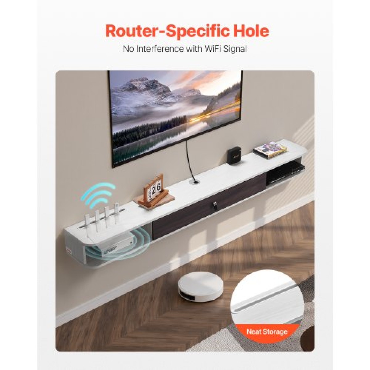 Πλωτή βάση τηλεόρασης VEVOR, 70 in Wall Mount Entertainment Center με τρύπα καλωδίου, μοντέρνο πλωτό ράφι τηλεόρασης με ντουλάπι αποθήκευσης, κονσόλα μοριοσανίδων για συσκευή αναπαραγωγής DVD, κουτί καλωδίων, κονσόλα παιχνιδιών, λευκό