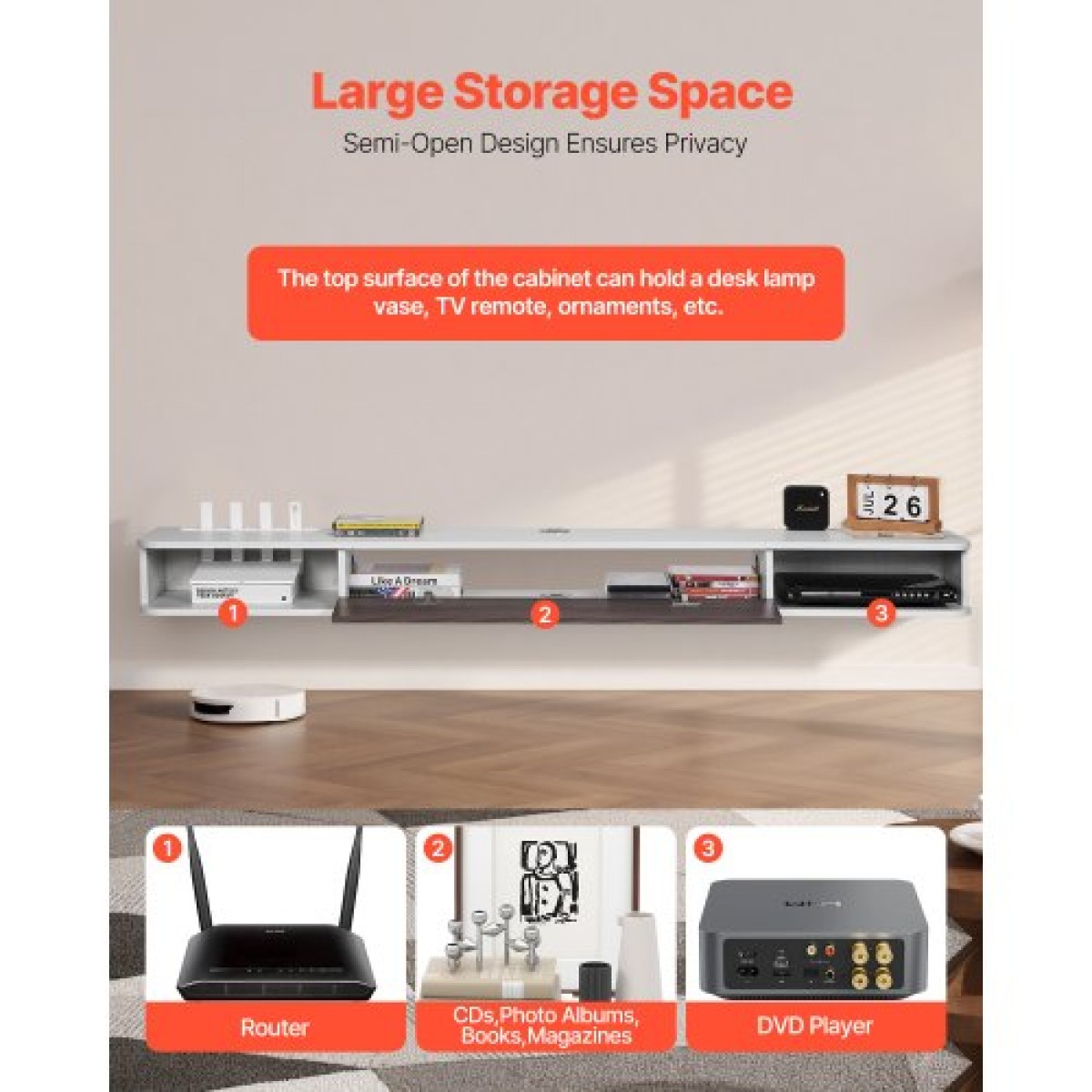 Πλωτή βάση τηλεόρασης VEVOR, 70 in Wall Mount Entertainment Center με τρύπα καλωδίου, μοντέρνο πλωτό ράφι τηλεόρασης με ντουλάπι αποθήκευσης, κονσόλα μοριοσανίδων για συσκευή αναπαραγωγής DVD, κουτί καλωδίων, κονσόλα παιχνιδιών, λευκό