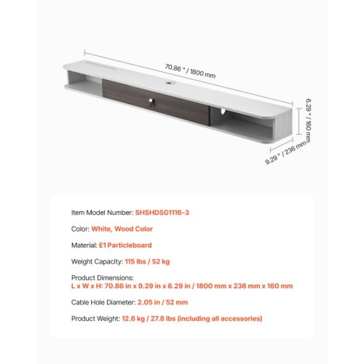 Πλωτή βάση τηλεόρασης VEVOR, 70 in Wall Mount Entertainment Center με τρύπα καλωδίου, μοντέρνο πλωτό ράφι τηλεόρασης με ντουλάπι αποθήκευσης, κονσόλα μοριοσανίδων για συσκευή αναπαραγωγής DVD, κουτί καλωδίων, κονσόλα παιχνιδιών, λευκό