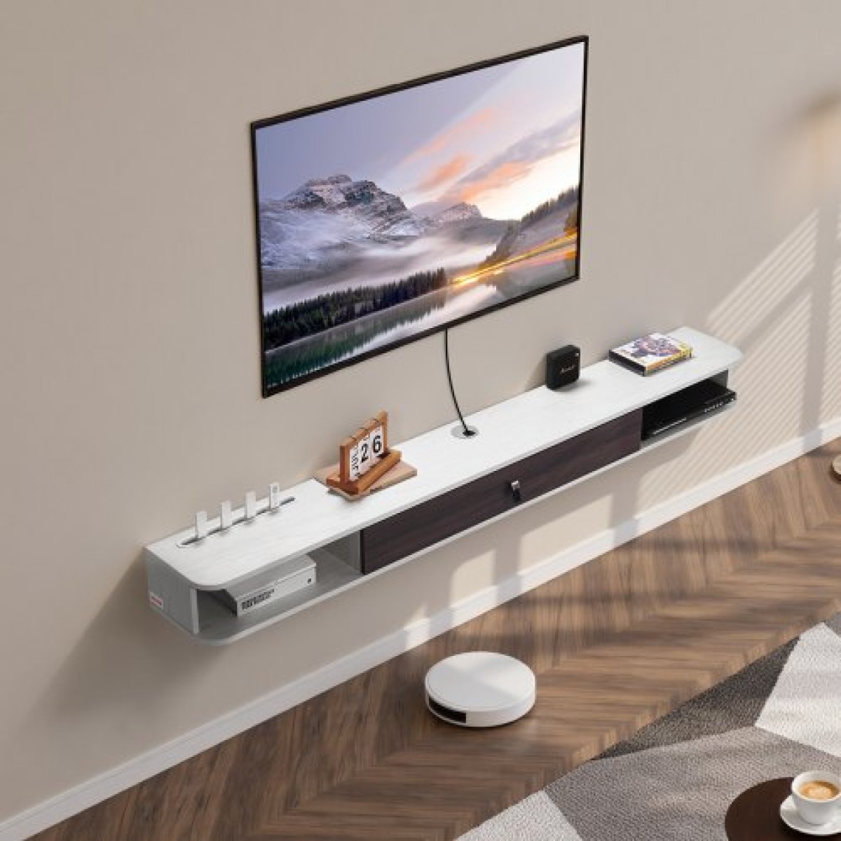 Πλωτή βάση τηλεόρασης VEVOR, 70 in Wall Mount Entertainment Center με τρύπα καλωδίου, μοντέρνο πλωτό ράφι τηλεόρασης με ντουλάπι αποθήκευσης, κονσόλα μοριοσανίδων για συσκευή αναπαραγωγής DVD, κουτί καλωδίων, κονσόλα παιχνιδιών, λευκό
