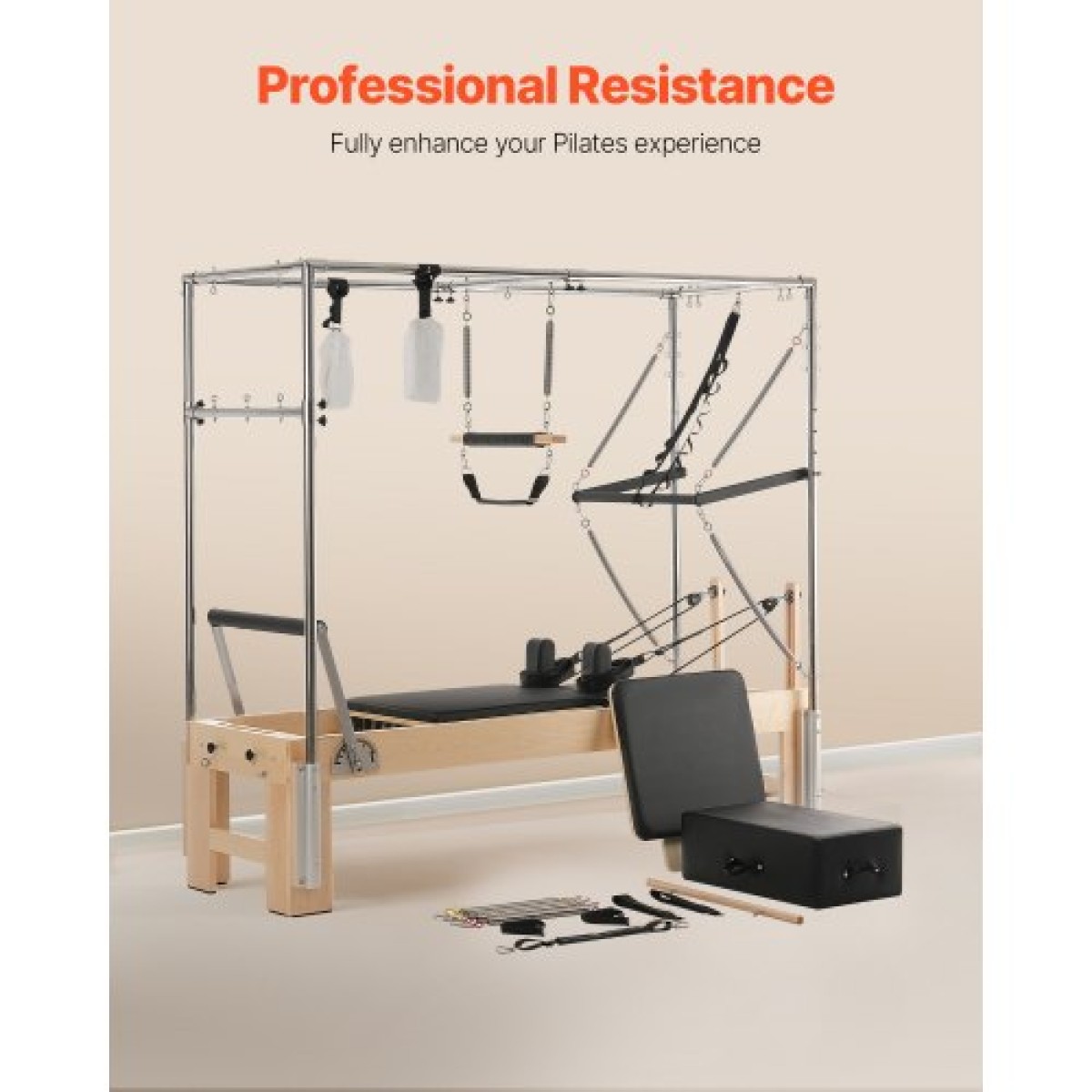 VEVOR Pilates Reformer, Ξύλινο μηχάνημα Pilates για Γυμναστήριο στο σπίτι, Εξοπλισμός προπόνησης δύναμης με διπλή αντίσταση, Reformer Box, Jump Board, για προχωρημένους χρήστες και αρχάριους, έως 400 LBS