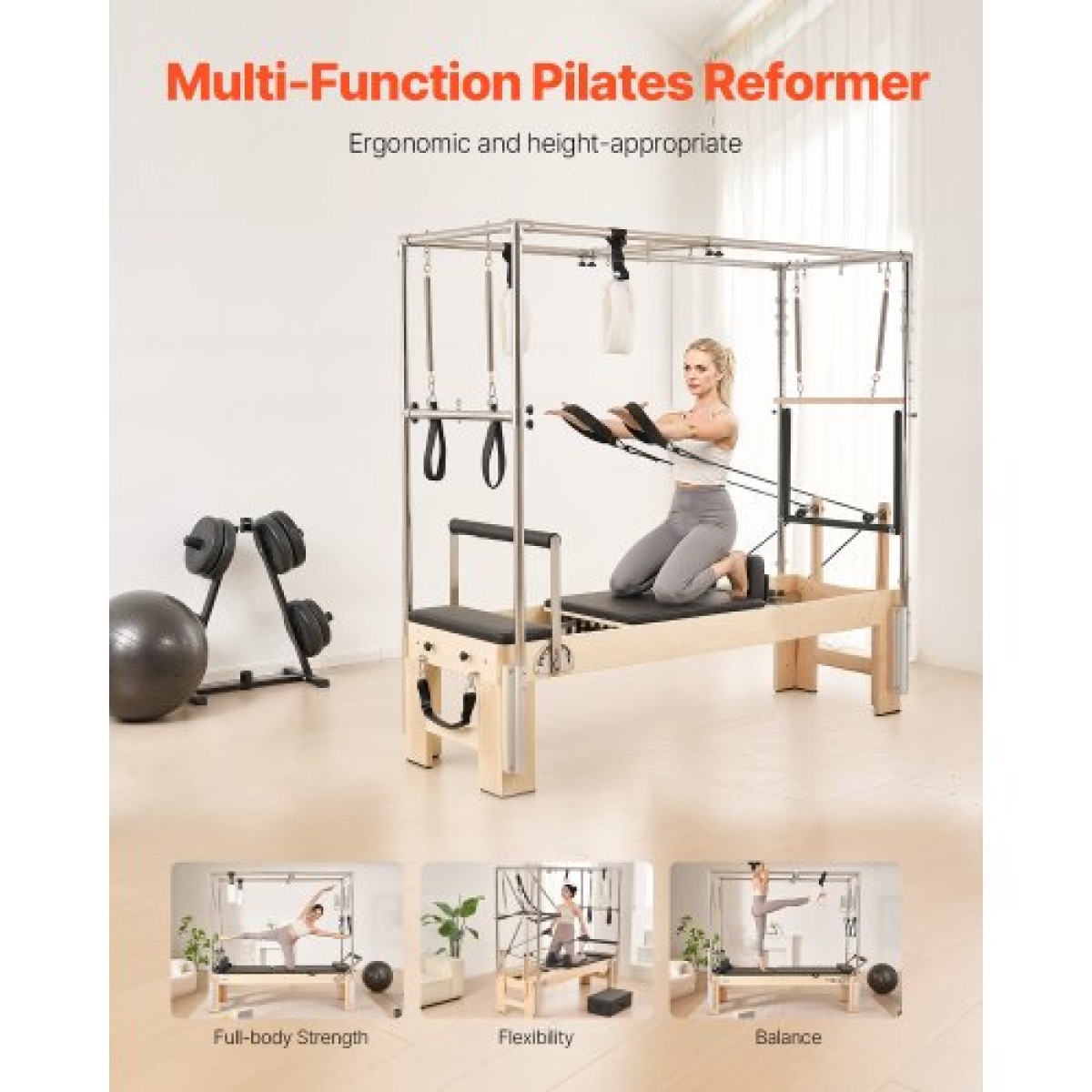 VEVOR Pilates Reformer, Ξύλινο μηχάνημα Pilates για Γυμναστήριο στο σπίτι, Εξοπλισμός προπόνησης δύναμης με διπλή αντίσταση, Reformer Box, Jump Board, για προχωρημένους χρήστες και αρχάριους, έως 400 LBS