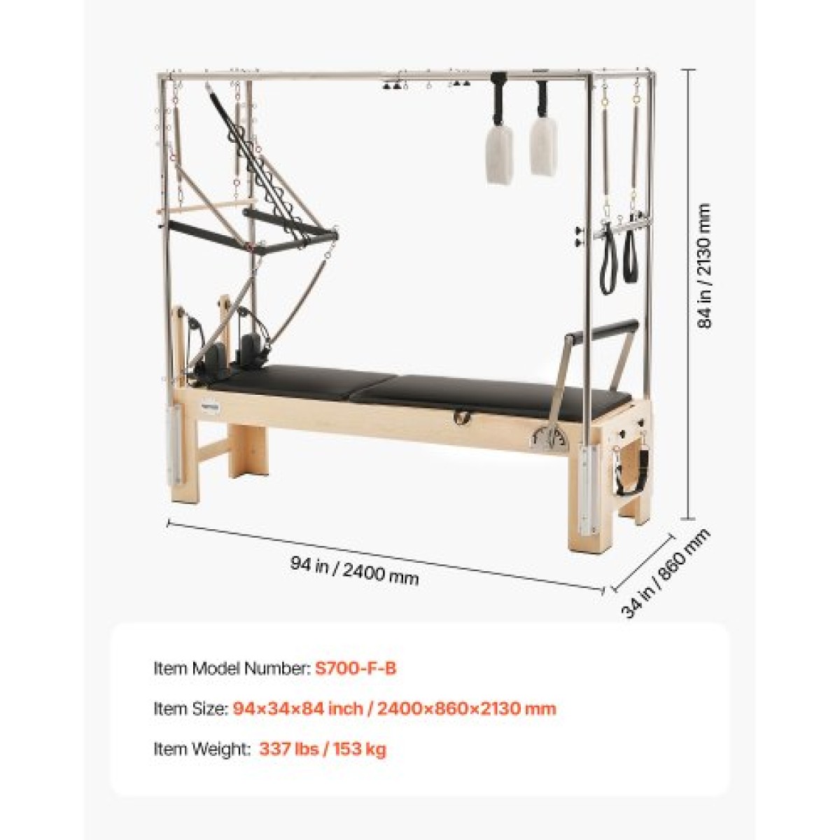 VEVOR Pilates Reformer, Ξύλινο μηχάνημα Pilates για Γυμναστήριο στο σπίτι, Εξοπλισμός προπόνησης δύναμης με διπλή αντίσταση, Reformer Box, Jump Board, για προχωρημένους χρήστες και αρχάριους, έως 400 LBS