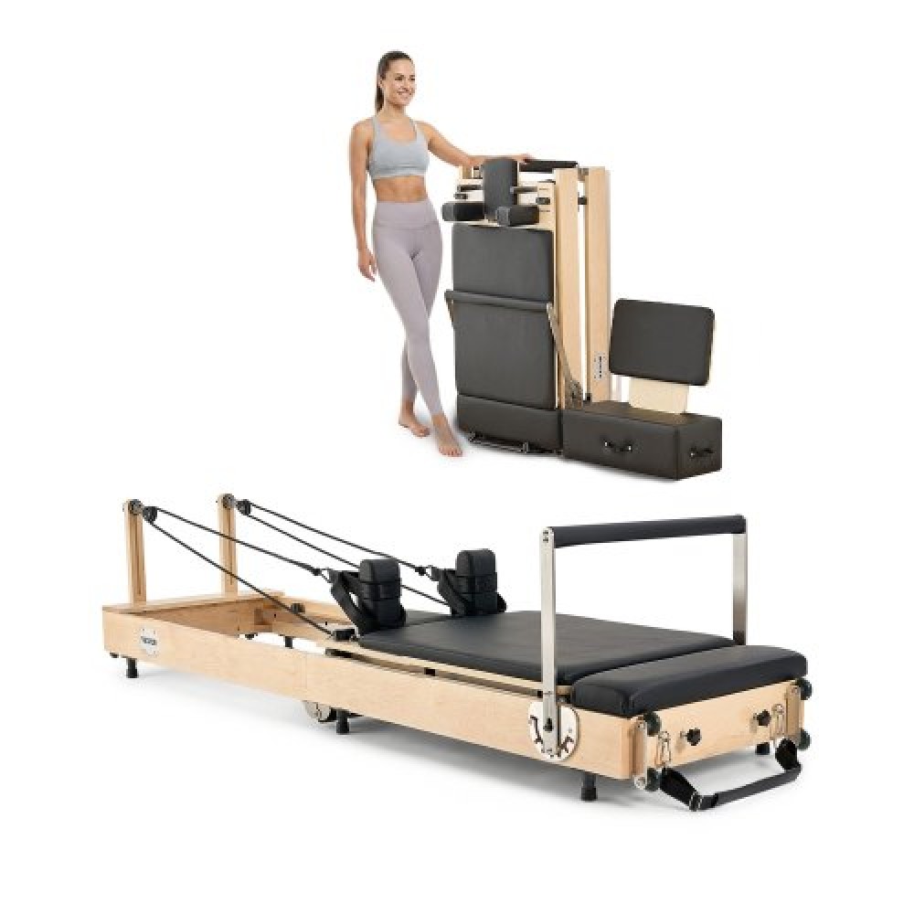 VEVOR Πτυσσόμενο Pilates Reformer, Ξύλινο μηχάνημα προπόνησης Pilates για χρήση στο γυμναστήριο στο σπίτι, κρεβάτι Pilates με διπλή αντίσταση-ελατήριο & κορδόνι, σετ Reformer με καθιστικό, έως 400 LBS
