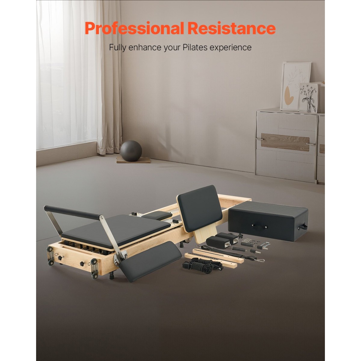 VEVOR Πτυσσόμενο Pilates Reformer, Ξύλινο μηχάνημα προπόνησης Pilates για χρήση στο γυμναστήριο στο σπίτι, κρεβάτι Pilates με διπλή αντίσταση-ελατήριο & κορδόνι, σετ Reformer με καθιστικό, έως 400 LBS