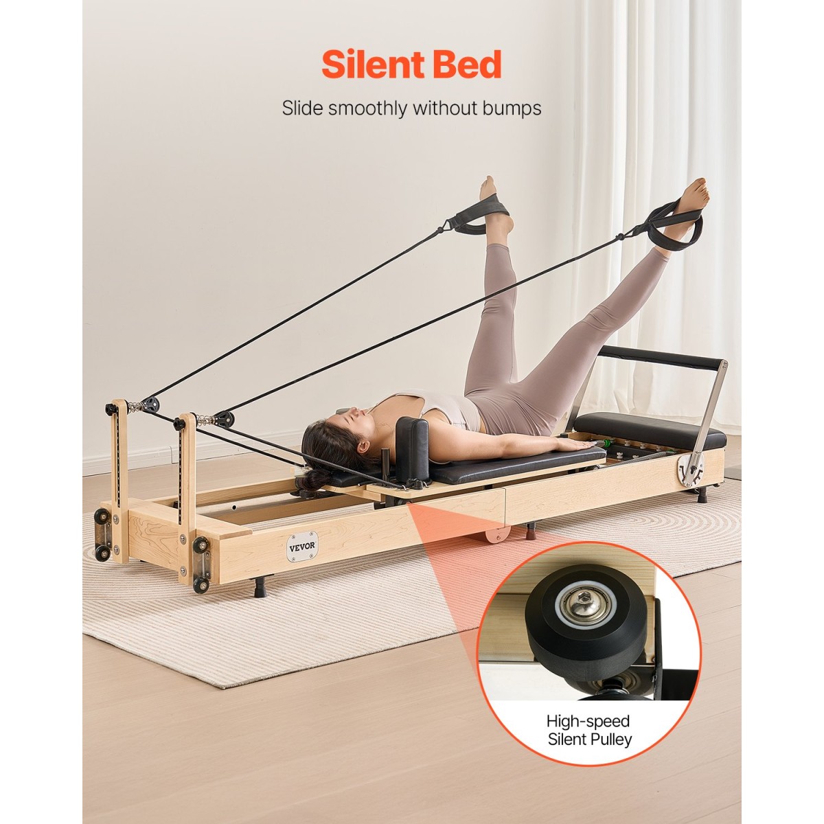 VEVOR Πτυσσόμενο Pilates Reformer, Ξύλινο μηχάνημα προπόνησης Pilates για χρήση στο γυμναστήριο στο σπίτι, κρεβάτι Pilates με διπλή αντίσταση-ελατήριο & κορδόνι, σετ Reformer με καθιστικό, έως 400 LBS
