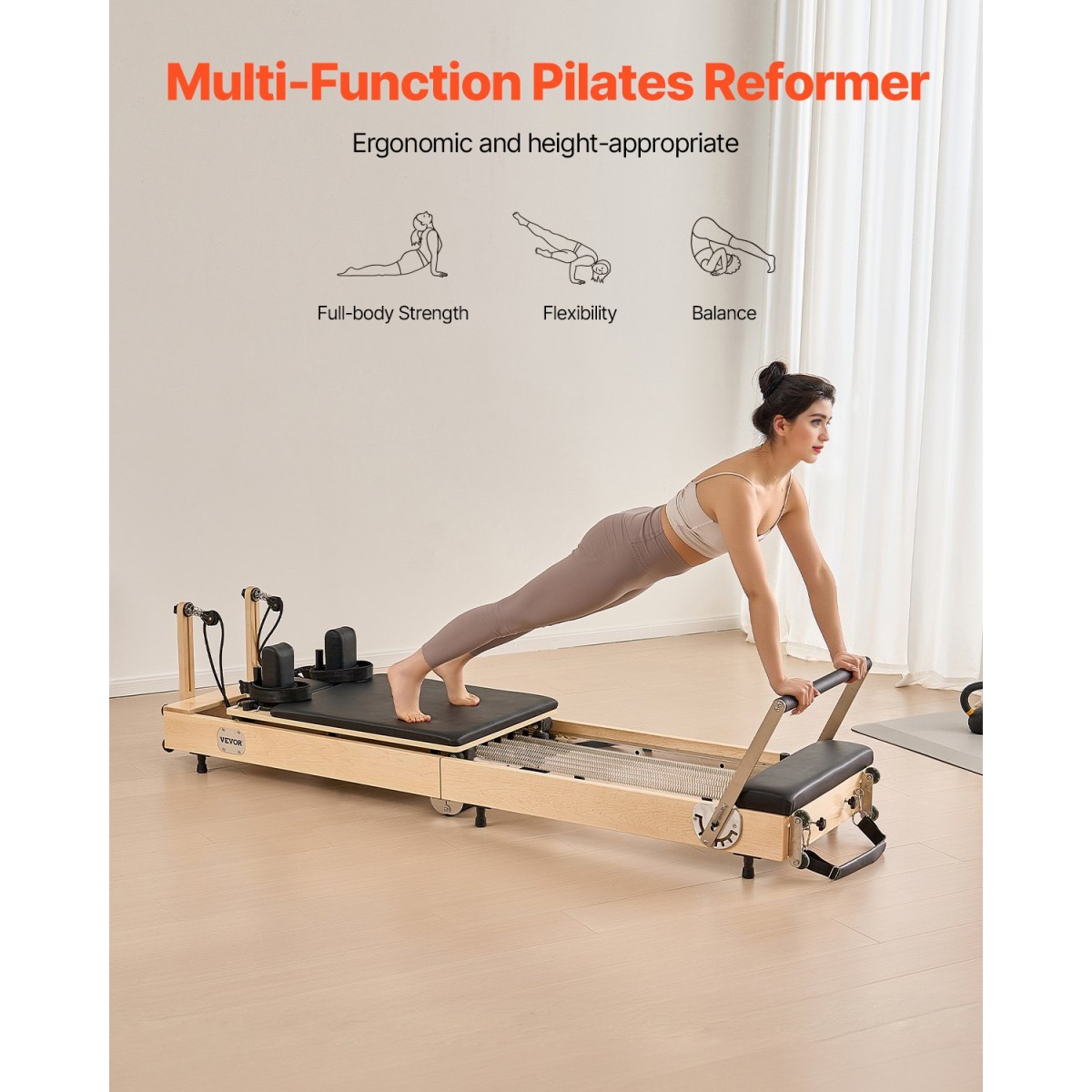 VEVOR Πτυσσόμενο Pilates Reformer, Ξύλινο μηχάνημα προπόνησης Pilates για χρήση στο γυμναστήριο στο σπίτι, κρεβάτι Pilates με διπλή αντίσταση-ελατήριο & κορδόνι, σετ Reformer με καθιστικό, έως 400 LBS