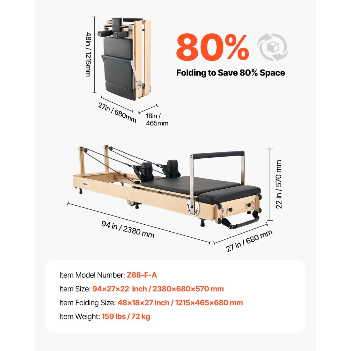 VEVOR Πτυσσόμενο Pilates Reformer, Ξύλινο μηχάνημα προπόνησης Pilates για χρήση στο γυμναστήριο στο σπίτι, κρεβάτι Pilates με διπλή αντίσταση-ελατήριο & κορδόνι, σετ Reformer με καθιστικό, έως 400 LBS