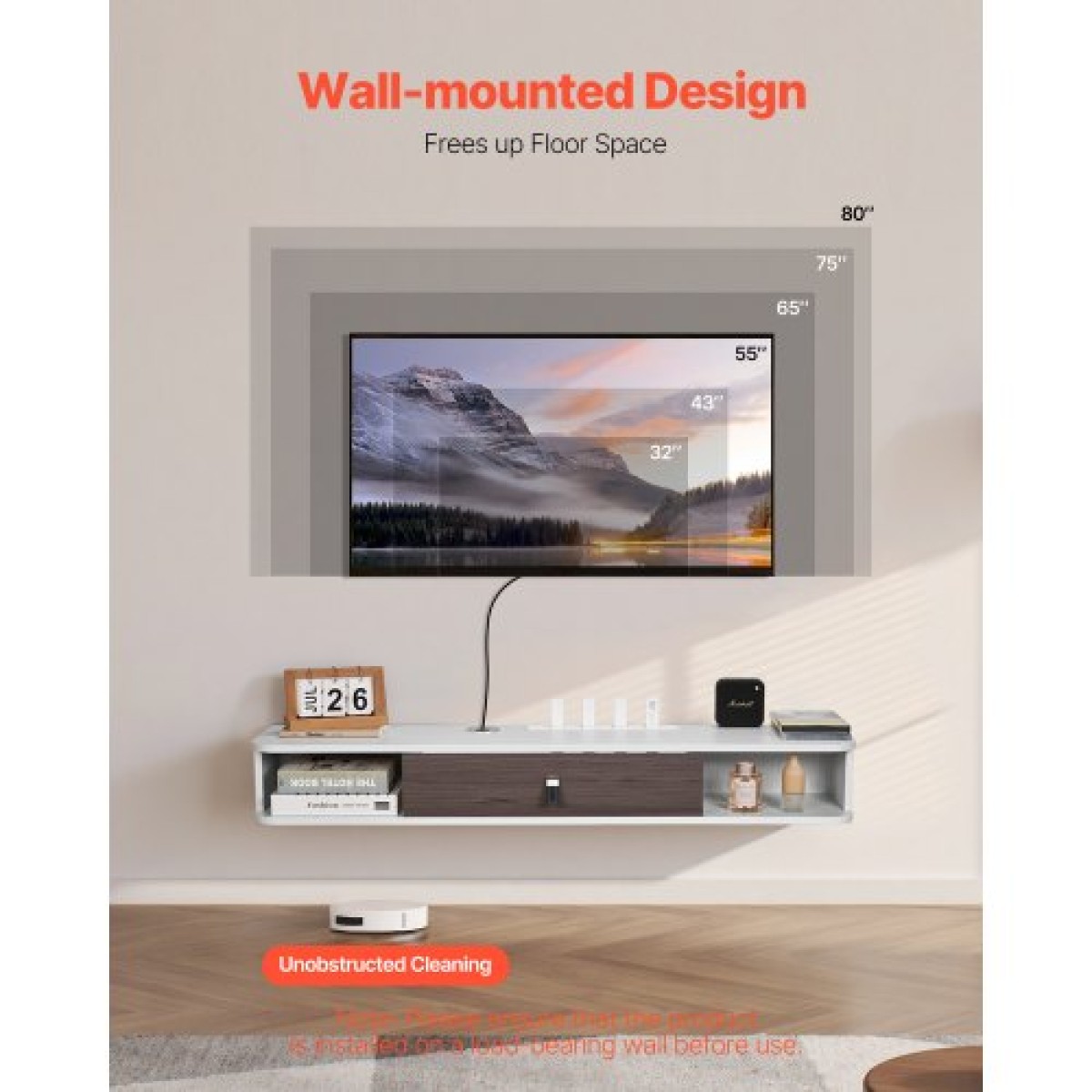 VEVOR Floating TV Stand, 47 in Wall Mount Entertainment Center με τρύπα καλωδίου, μοντέρνο πλωτό ράφι τηλεόρασης με ντουλάπι αποθήκευσης, μοριοσανίδα κονσόλα για συσκευή αναπαραγωγής DVD, καλωδιακό κουτί, κονσόλα παιχνιδιών, λευκό