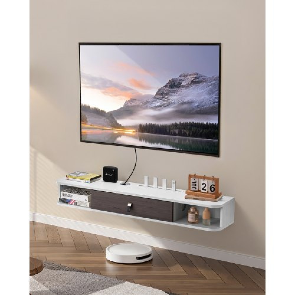 VEVOR Floating TV Stand, 47 in Wall Mount Entertainment Center με τρύπα καλωδίου, μοντέρνο πλωτό ράφι τηλεόρασης με ντουλάπι αποθήκευσης, μοριοσανίδα κονσόλα για συσκευή αναπαραγωγής DVD, καλωδιακό κουτί, κονσόλα παιχνιδιών, λευκό