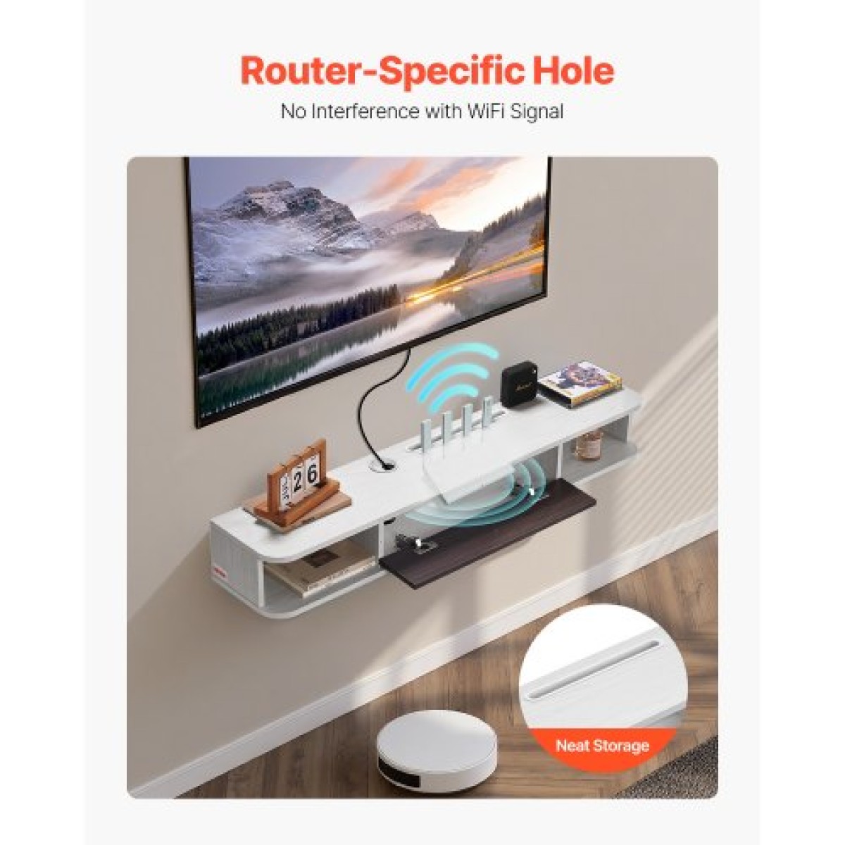 VEVOR Floating TV Stand, 47 in Wall Mount Entertainment Center με τρύπα καλωδίου, μοντέρνο πλωτό ράφι τηλεόρασης με ντουλάπι αποθήκευσης, μοριοσανίδα κονσόλα για συσκευή αναπαραγωγής DVD, καλωδιακό κουτί, κονσόλα παιχνιδιών, λευκό