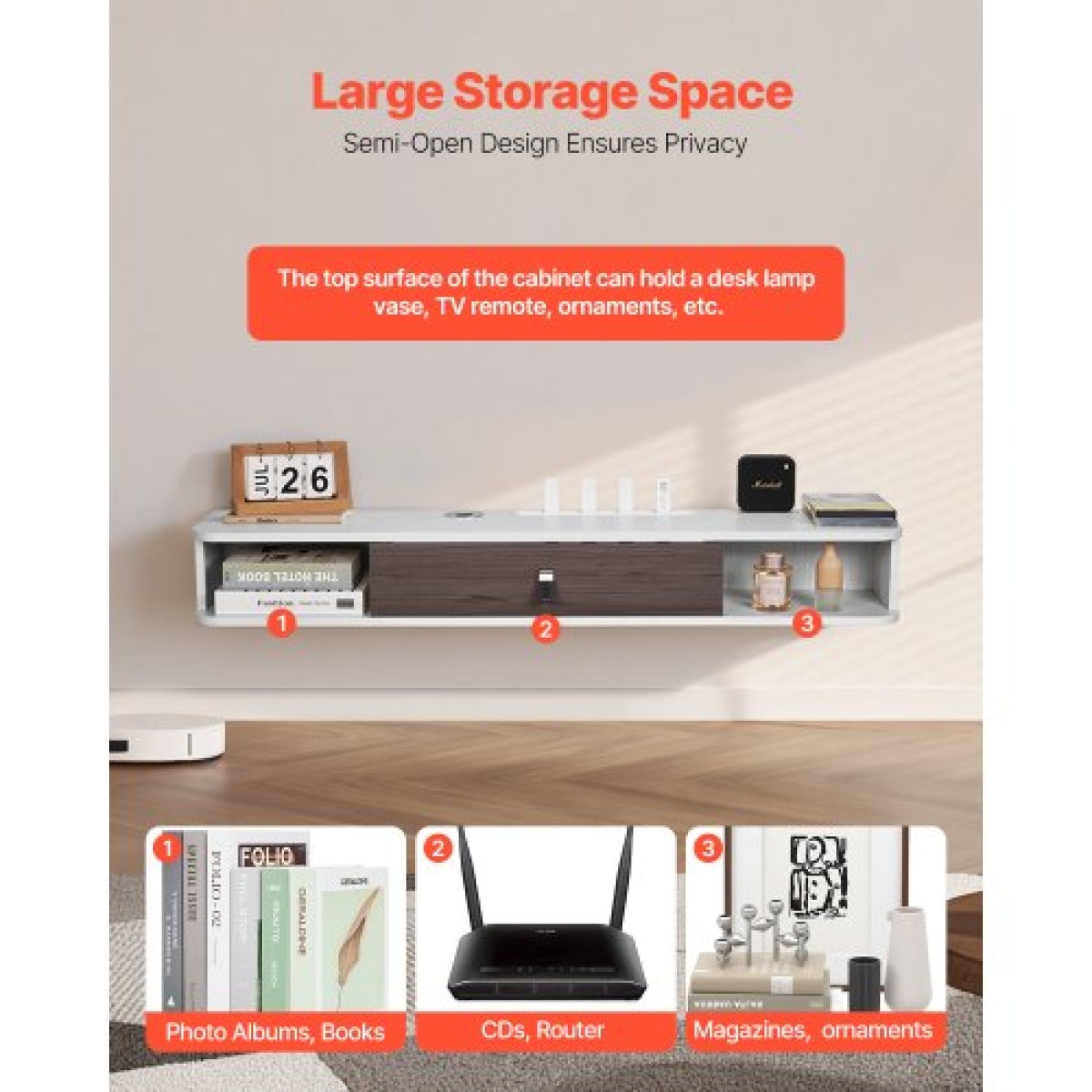 VEVOR Floating TV Stand, 47 in Wall Mount Entertainment Center με τρύπα καλωδίου, μοντέρνο πλωτό ράφι τηλεόρασης με ντουλάπι αποθήκευσης, μοριοσανίδα κονσόλα για συσκευή αναπαραγωγής DVD, καλωδιακό κουτί, κονσόλα παιχνιδιών, λευκό