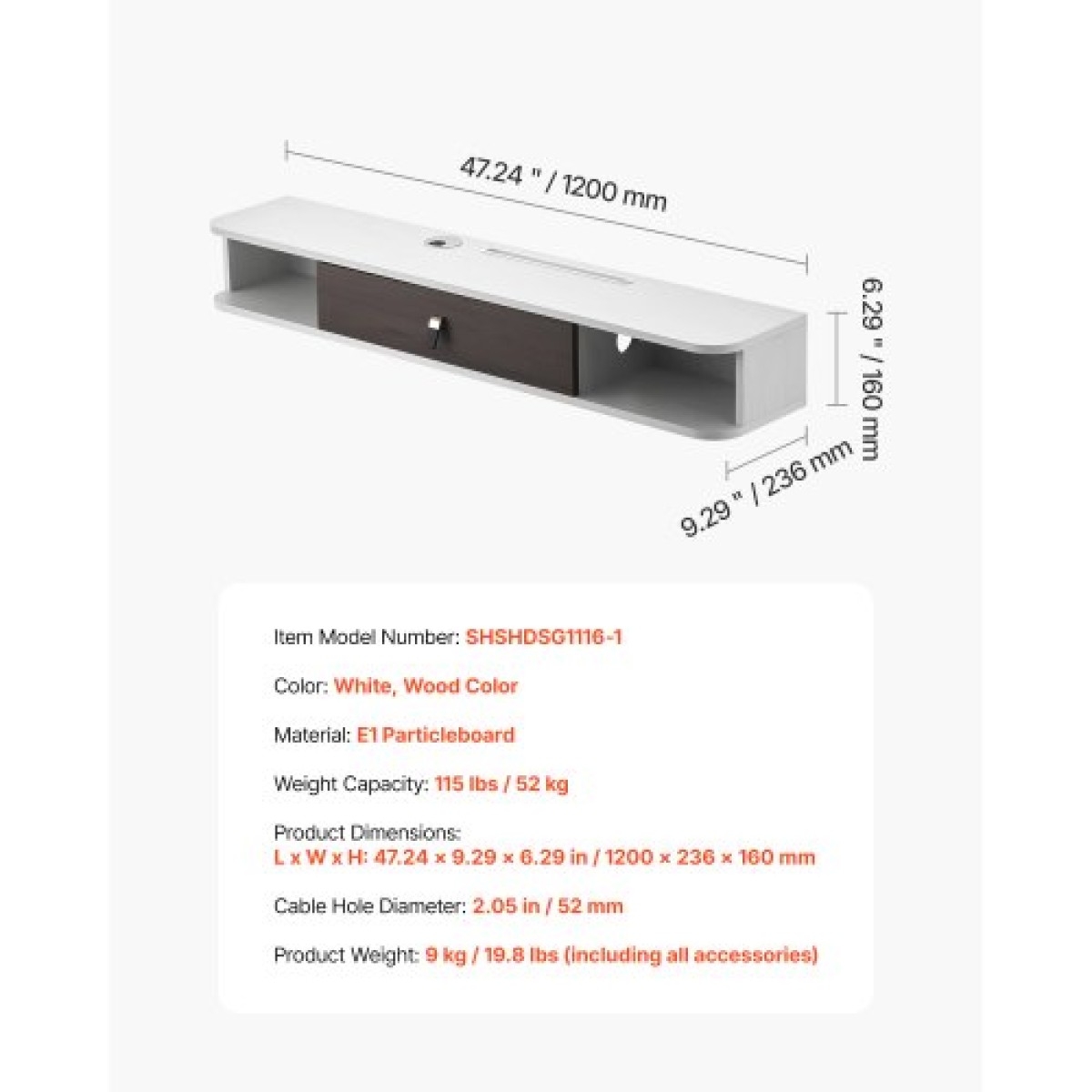 VEVOR Floating TV Stand, 47 in Wall Mount Entertainment Center με τρύπα καλωδίου, μοντέρνο πλωτό ράφι τηλεόρασης με ντουλάπι αποθήκευσης, μοριοσανίδα κονσόλα για συσκευή αναπαραγωγής DVD, καλωδιακό κουτί, κονσόλα παιχνιδιών, λευκό