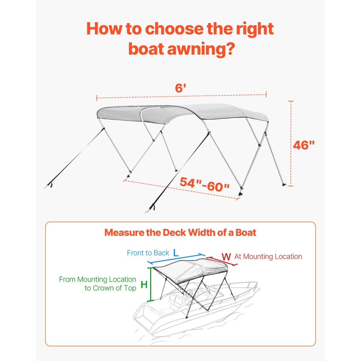 VEVOR 3 Bow Boat Bimini Tops, 600D Πολυεστερικός θόλος με σκελετό από κράμα αλουμινίου, Αδιάβροχο & Sun Shade σκίαστρο σκάφος με τσάντα αποθήκευσης, 2 κοντάρια στήριξης, 4 ιμάντες, 6'Lx(54"-60")Wx46"H, ανοιχτό γκρι