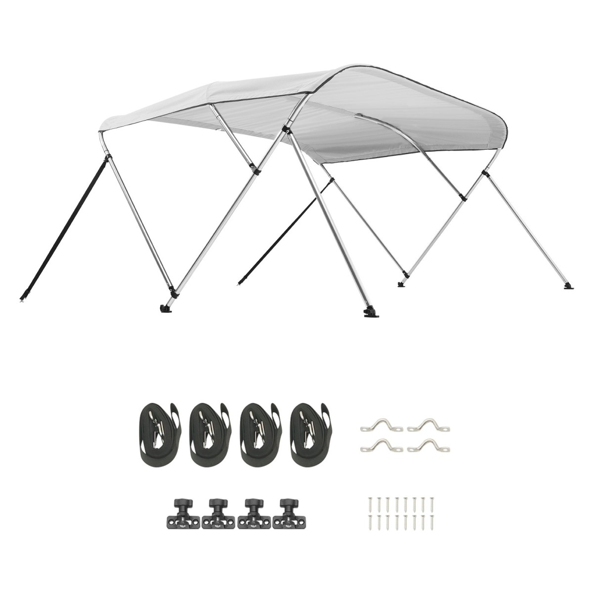 VEVOR 3 Bow Boat Bimini Tops, 600D Πολυεστερικός θόλος με σκελετό από κράμα αλουμινίου, Αδιάβροχο & Sun Shade σκίαστρο σκάφος με τσάντα αποθήκευσης, 2 κοντάρια στήριξης, 4 ιμάντες, 6'Lx(54"-60")Wx46"H, ανοιχτό γκρι