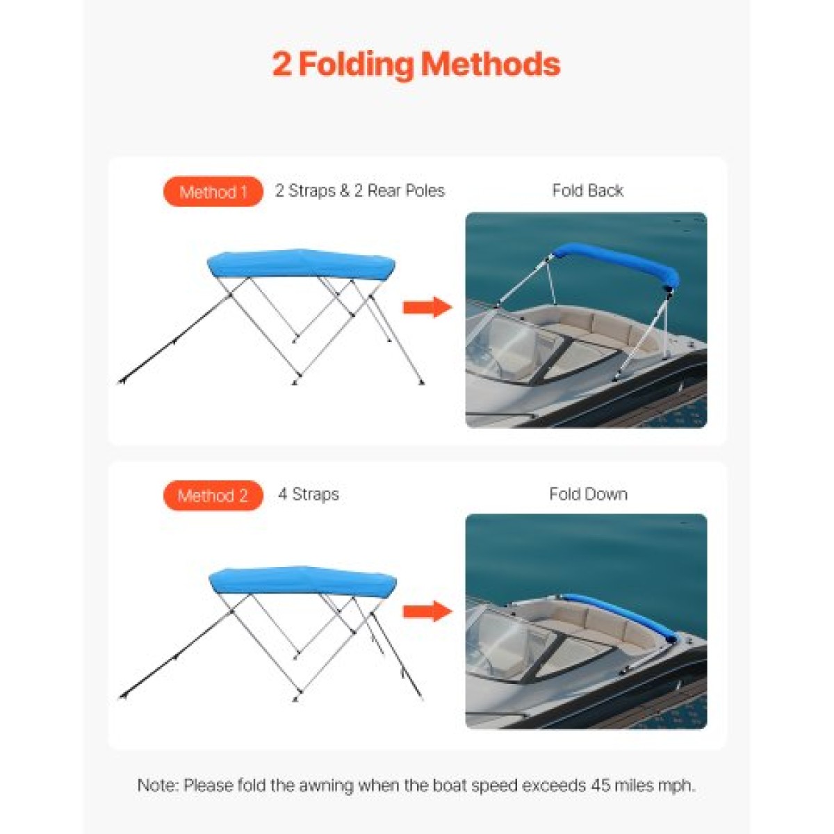 VEVOR 3 Bow Boat Bimini Top, 600D Πολυεστερικός θόλος με σκελετό από κράμα αλουμινίου, Αδιάβροχο & Sun Shade Τέντα σκάφους με τσάντα αποθήκευσης, 2 κοντάρια στήριξης, 4 ιμάντες, 72"Lx(73"-78")Wx46"H, Pacific Blue