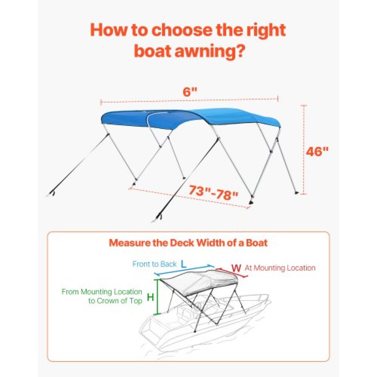 VEVOR 3 Bow Boat Bimini Top, 600D Πολυεστερικός θόλος με σκελετό από κράμα αλουμινίου, Αδιάβροχο & Sun Shade Τέντα σκάφους με τσάντα αποθήκευσης, 2 κοντάρια στήριξης, 4 ιμάντες, 72"Lx(73"-78")Wx46"H, Pacific Blue