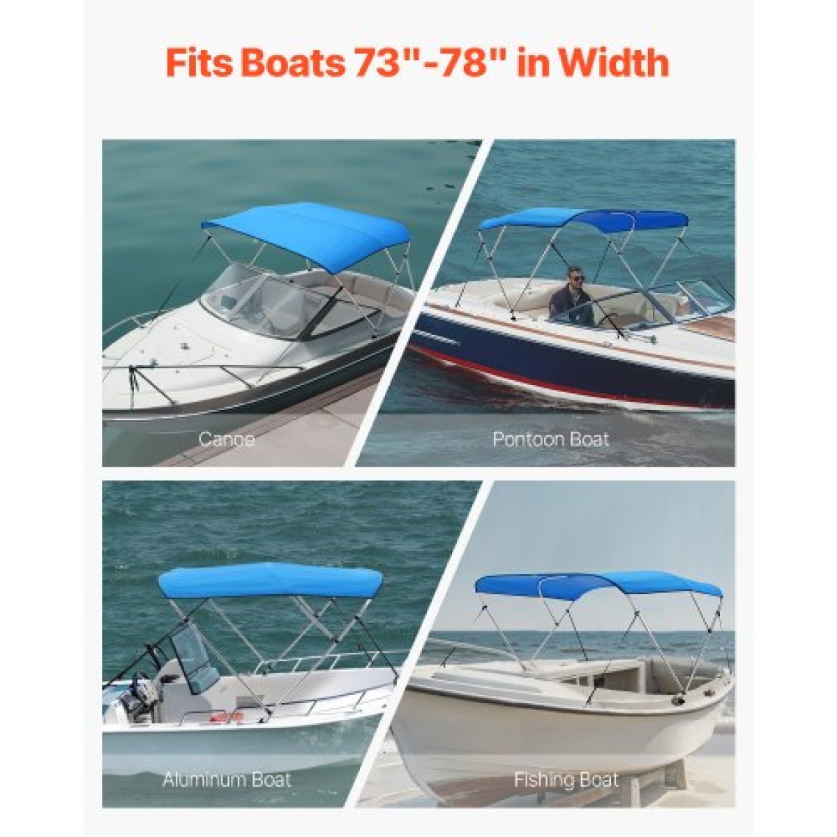 VEVOR 3 Bow Boat Bimini Top, 600D Πολυεστερικός θόλος με σκελετό από κράμα αλουμινίου, Αδιάβροχο & Sun Shade Τέντα σκάφους με τσάντα αποθήκευσης, 2 κοντάρια στήριξης, 4 ιμάντες, 72"Lx(73"-78")Wx46"H, Pacific Blue