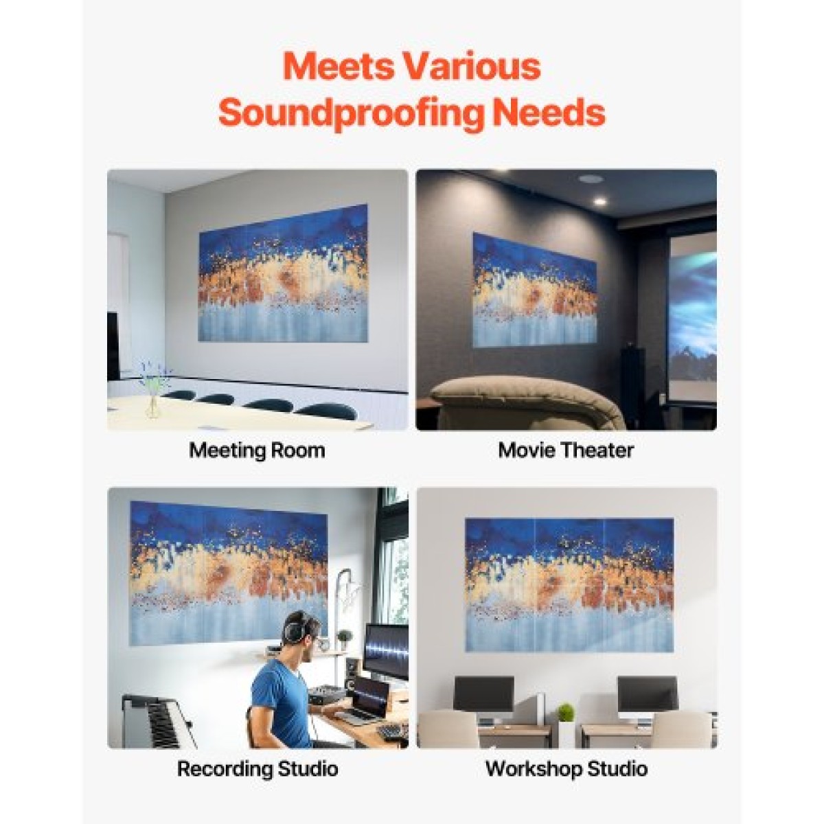 VEVOR 6 Pack Art Acoustic Panels, 70,87 x 47,24 x 0,4 ιντσών ηχομονωτικά πλακάκια τοίχου, Αυτοκόλλητες διακοσμητικές ηχοαπορροφητικές σανίδες για σπίτι, γραφείο, στούντιο, αίθουσα παιχνιδιών, θέατρο, παστέλ