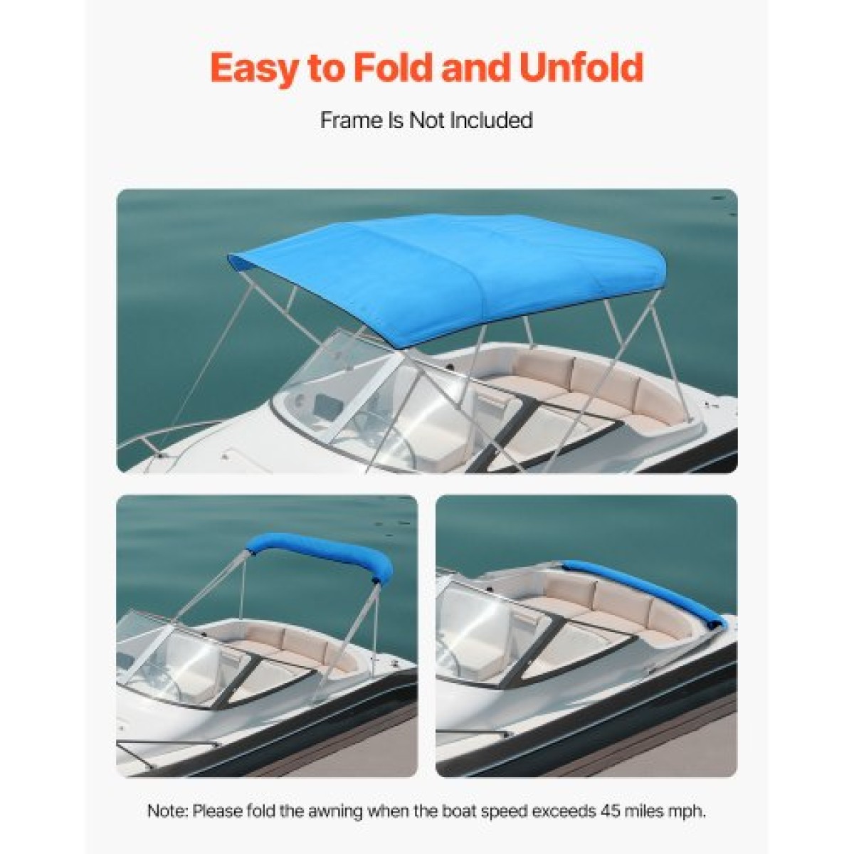 VEVOR 4 Bow Boat Bimini Tops, 600D Polyester Canopy, Αδιάβροχο & αντηλιακό κουβούκλιο σκάφους με τσάντα αποθήκευσης, ανταλλακτικό Bimini Top, 96"Lx(91"-96")W, Pacific Blue (Δεν περιλαμβάνεται το πλαίσιο στήριξης)