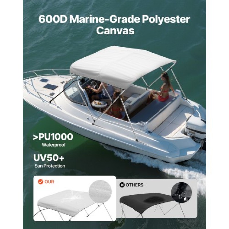 VEVOR 3 Bow Boat Bimini Tops, 600D Polyester Canopy με σκελετό από κράμα αλουμινίου, αδιάβροχο & Sun Shade σκίαστρο σκάφος με τσάντα αποθήκευσης, 2 κοντάρια στήριξης, 4 ιμάντες, 72"Lx(79"-84")Wx46"H, ανοιχτό γκρι