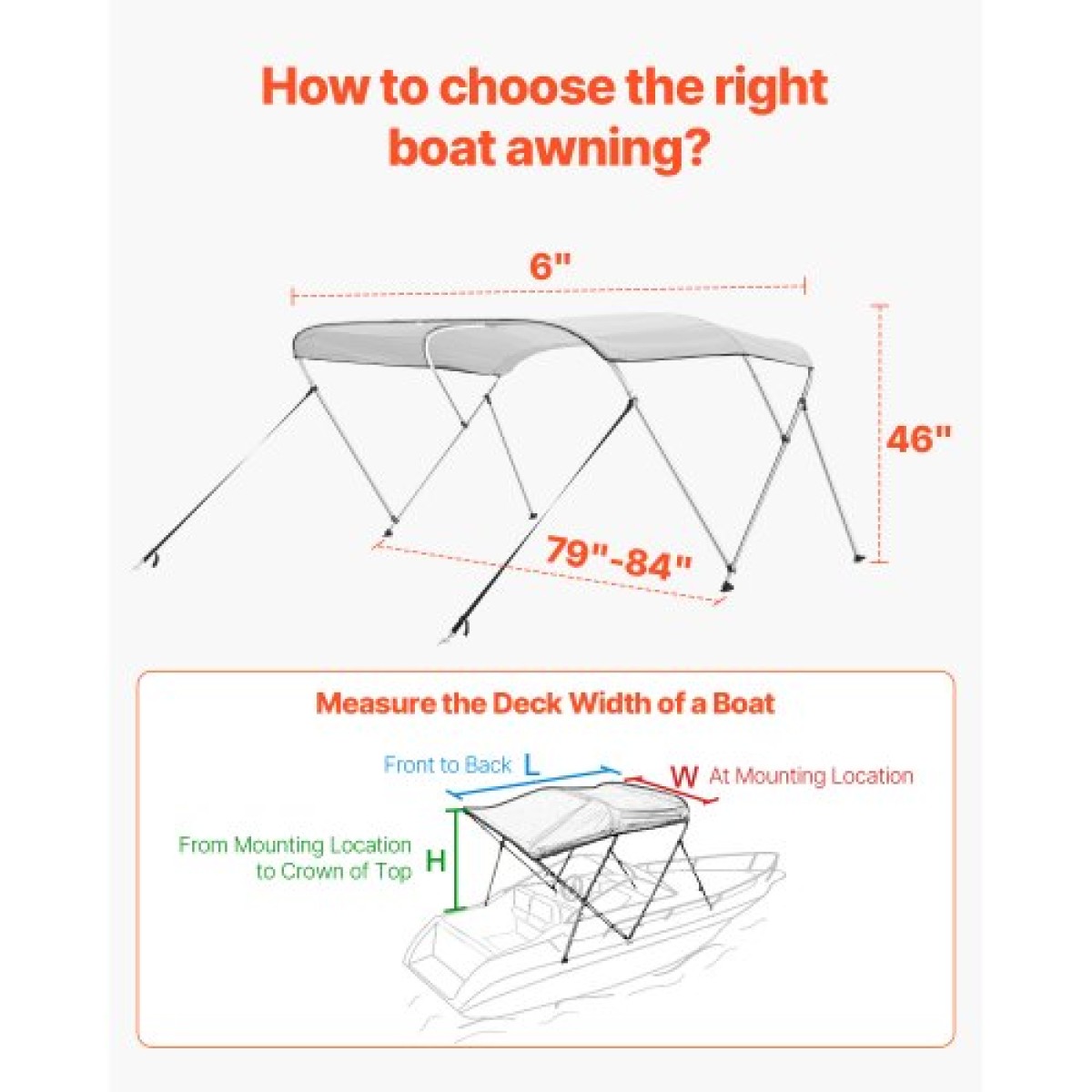 VEVOR 3 Bow Boat Bimini Tops, 600D Polyester Canopy με σκελετό από κράμα αλουμινίου, αδιάβροχο & Sun Shade σκίαστρο σκάφος με τσάντα αποθήκευσης, 2 κοντάρια στήριξης, 4 ιμάντες, 72"Lx(79"-84")Wx46"H, ανοιχτό γκρι