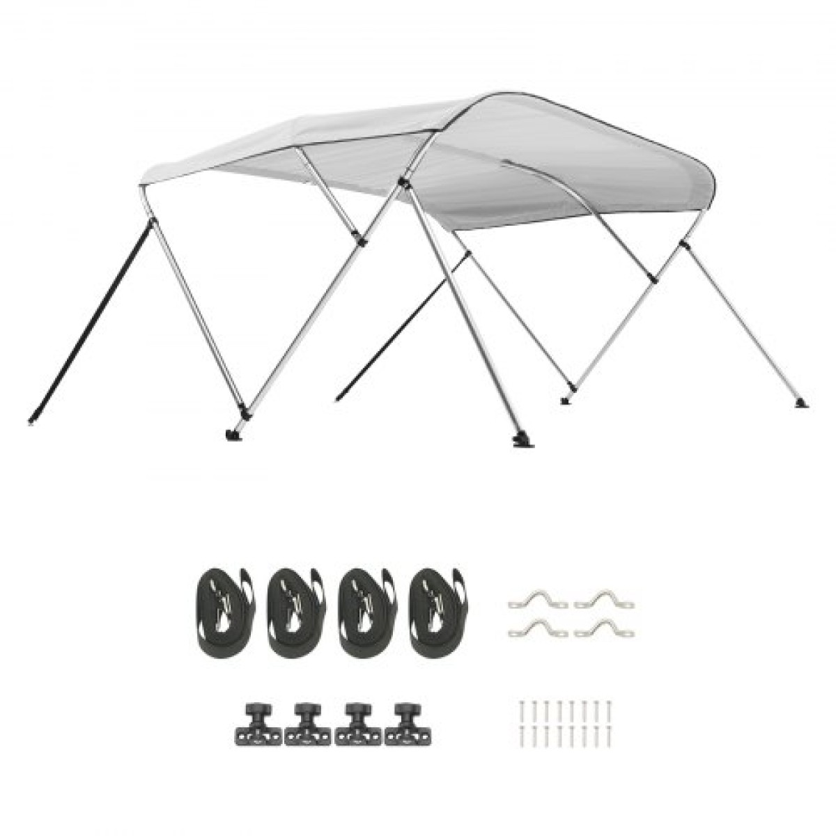VEVOR 3 Bow Boat Bimini Tops, 600D Polyester Canopy με σκελετό από κράμα αλουμινίου, αδιάβροχο & Sun Shade σκίαστρο σκάφος με τσάντα αποθήκευσης, 2 κοντάρια στήριξης, 4 ιμάντες, 72"Lx(79"-84")Wx46"H, ανοιχτό γκρι