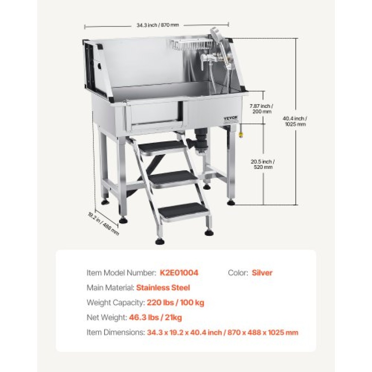 VEVOR 86,4 cm Σταθμός πλυσίματος σκύλων, ανοξείδωτος χάλυβας μπανιέρα περιποίησης κατοικίδιων ζώων, επαγγελματικός νεροχύτης καθαρισμού σκύλων με ντουζιέρα, βρύση, θήκη σαπουνιού, αντιολισθητικές σκάλες Easy-Clean για μικρά κατοικίδια Γάτες (Αριστερή Πόρτ