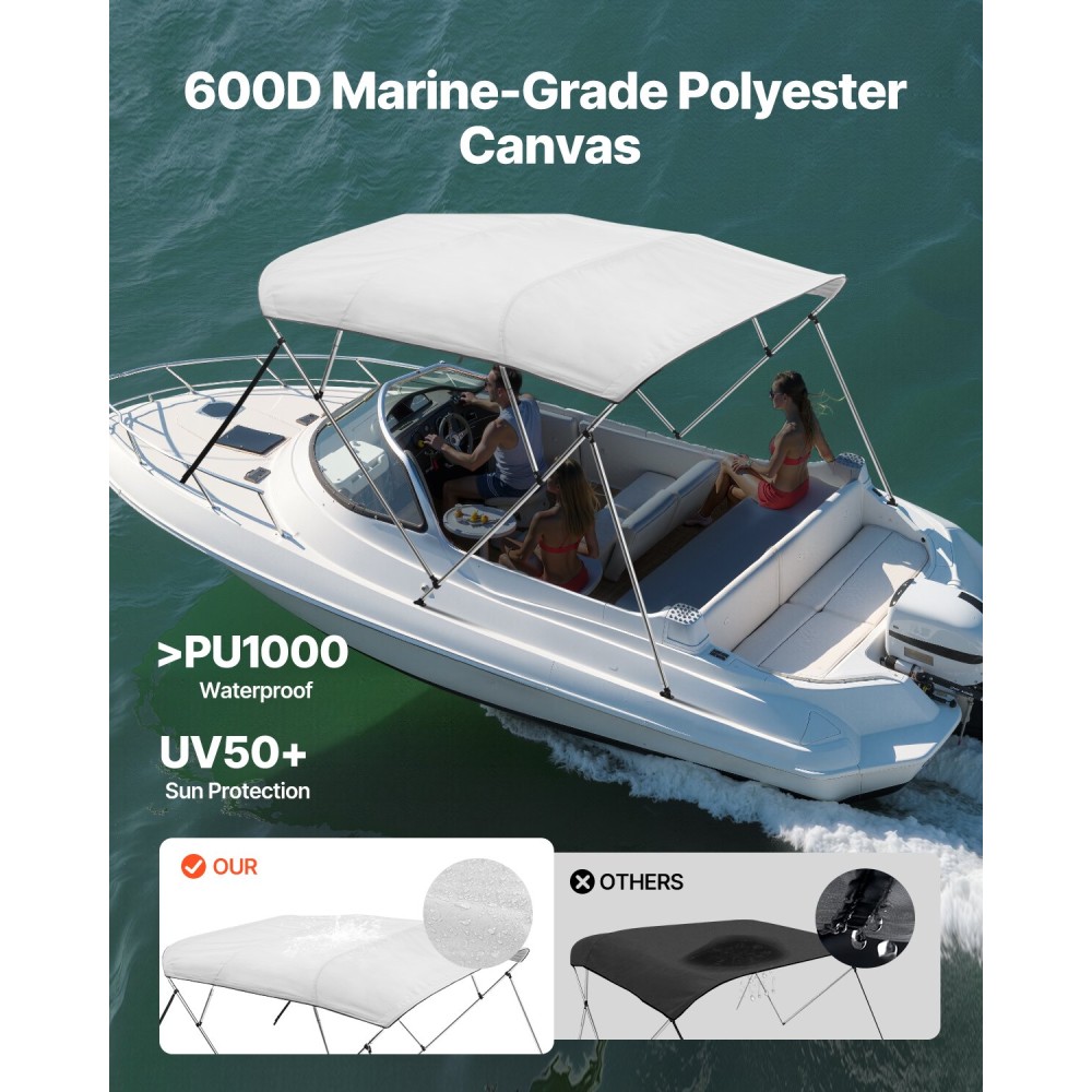 VEVOR 4 Bow Boat Bimini Tops, 600D Polyester Canopy με σκελετό από κράμα αλουμινίου, αδιάβροχο & Sun Shade σκίαστρο σκάφος με τσάντα αποθήκευσης, 2 κοντάρια στήριξης, 4 λουράκια, 96"Lx(67"-72")Wx54"H, ανοιχτό γκρι