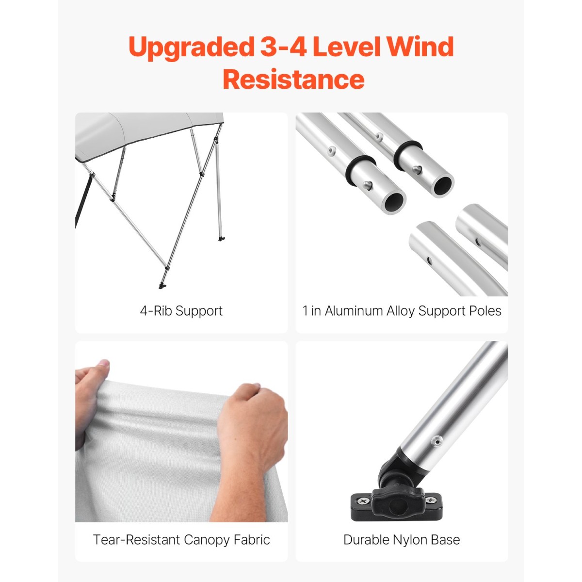 VEVOR 4 Bow Boat Bimini Tops, 600D Polyester Canopy με σκελετό από κράμα αλουμινίου, αδιάβροχο & Sun Shade σκίαστρο σκάφος με τσάντα αποθήκευσης, 2 κοντάρια στήριξης, 4 λουράκια, 96"Lx(67"-72")Wx54"H, ανοιχτό γκρι
