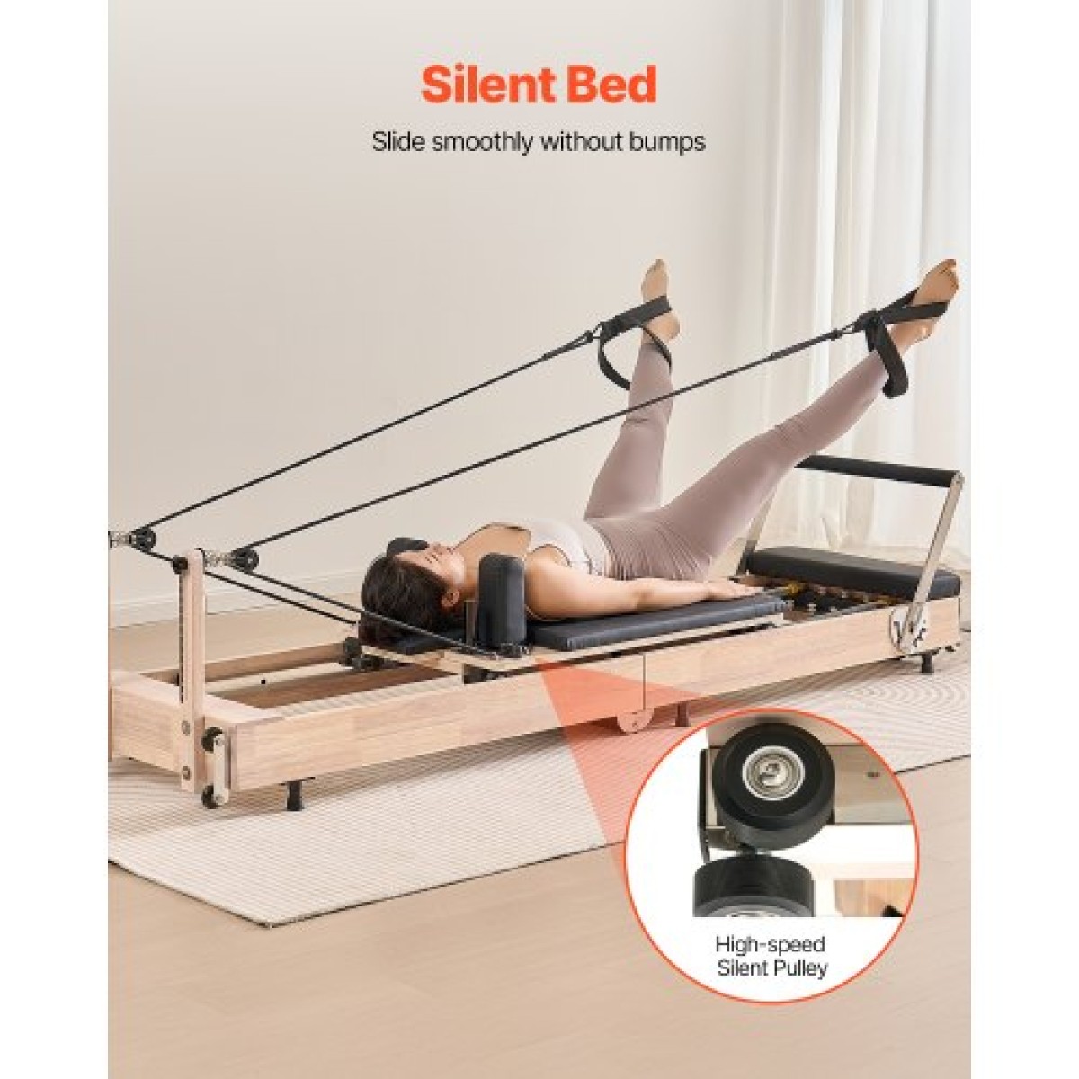 VEVOR Πτυσσόμενο Pilates Reformer, Ξύλινο μηχάνημα προπόνησης Pilates για χρήση στο γυμναστήριο στο σπίτι, κρεβάτι Pilates με διπλή αντίσταση-ελατήριο & κορδόνι, σετ Reformer με καθιστικό, έως 400 LBS