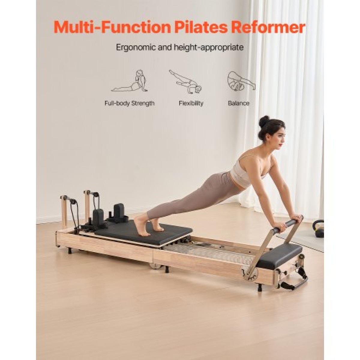 VEVOR Πτυσσόμενο Pilates Reformer, Ξύλινο μηχάνημα προπόνησης Pilates για χρήση στο γυμναστήριο στο σπίτι, κρεβάτι Pilates με διπλή αντίσταση-ελατήριο & κορδόνι, σετ Reformer με καθιστικό, έως 400 LBS