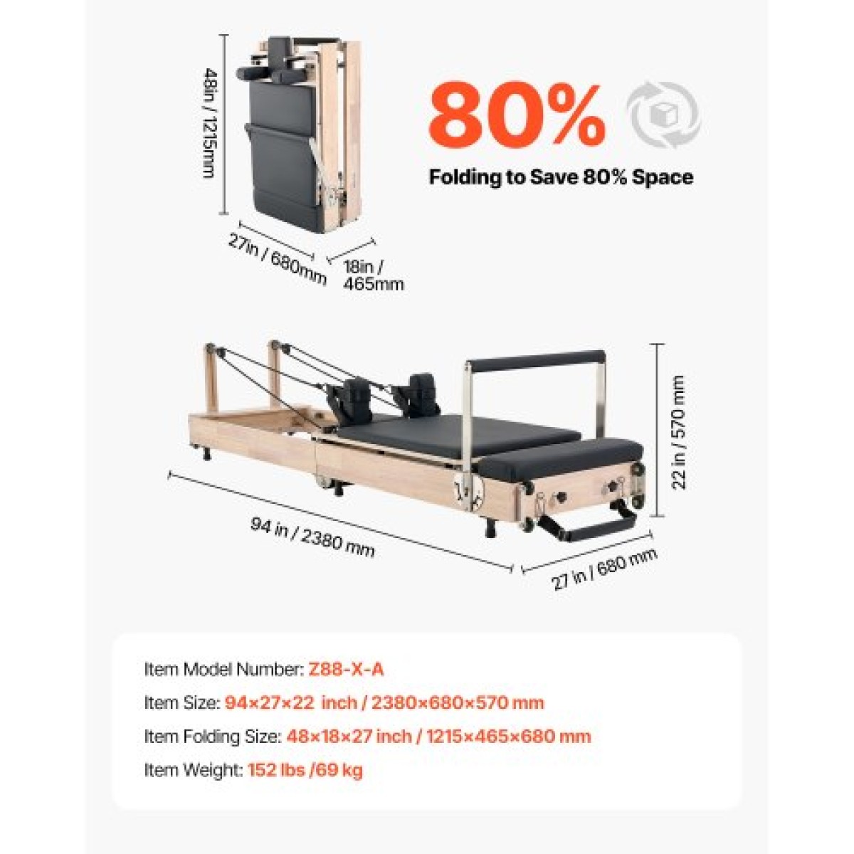 VEVOR Πτυσσόμενο Pilates Reformer, Ξύλινο μηχάνημα προπόνησης Pilates για χρήση στο γυμναστήριο στο σπίτι, κρεβάτι Pilates με διπλή αντίσταση-ελατήριο & κορδόνι, σετ Reformer με καθιστικό, έως 400 LBS