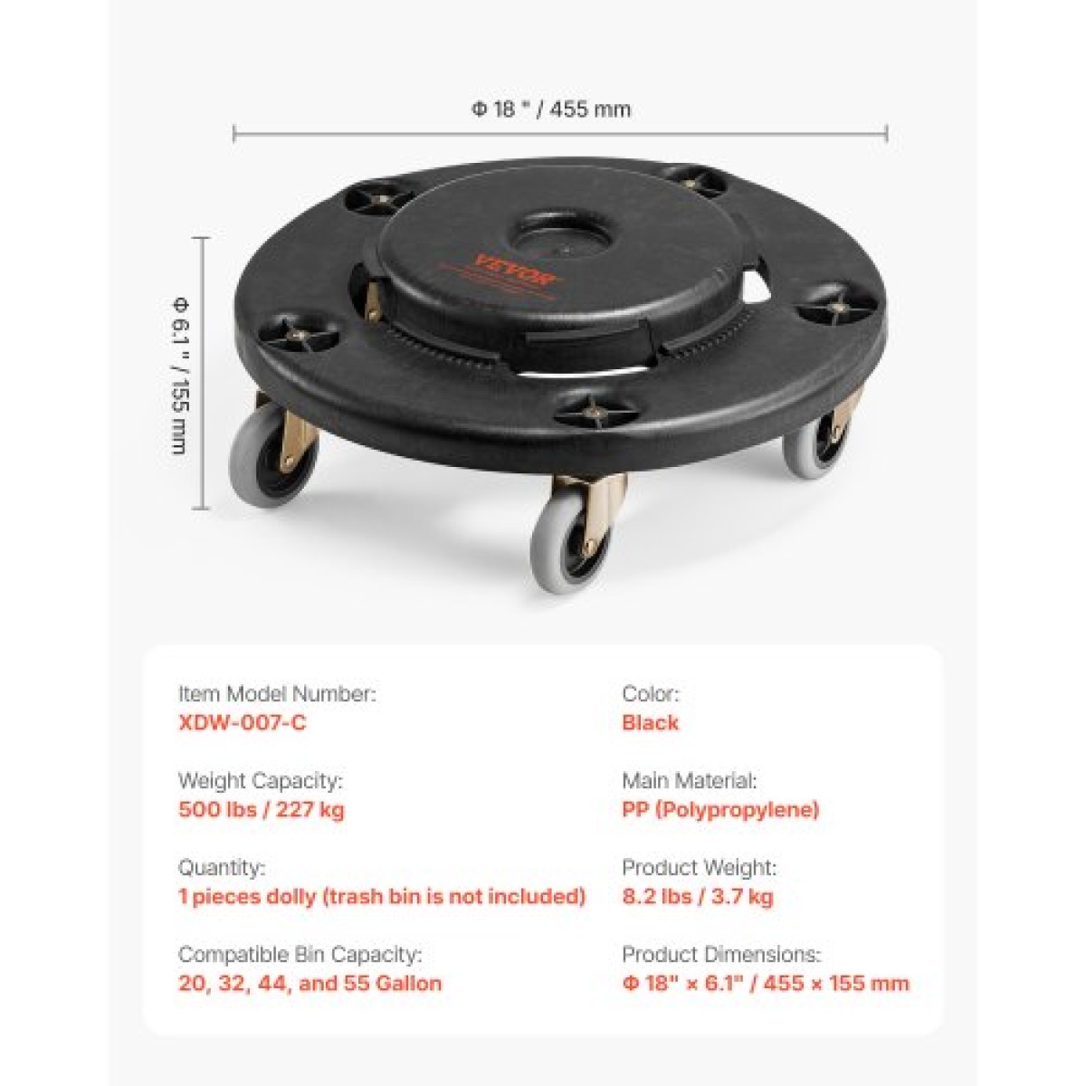 Κάδος απορριμμάτων VEVOR Dolly, Fit 20, 32, 44, 55 γαλονιών δοχεία, στρογγυλή βάση κυλινδρικού κάδου απορριμμάτων με 4 ρόδες που κλειδώνουν, χωρητικότητα βάρους 500 λίβρες, βαρέλι βαρέλι βαρέλι, πολυλειτουργικό τροχήλατο καρότσι