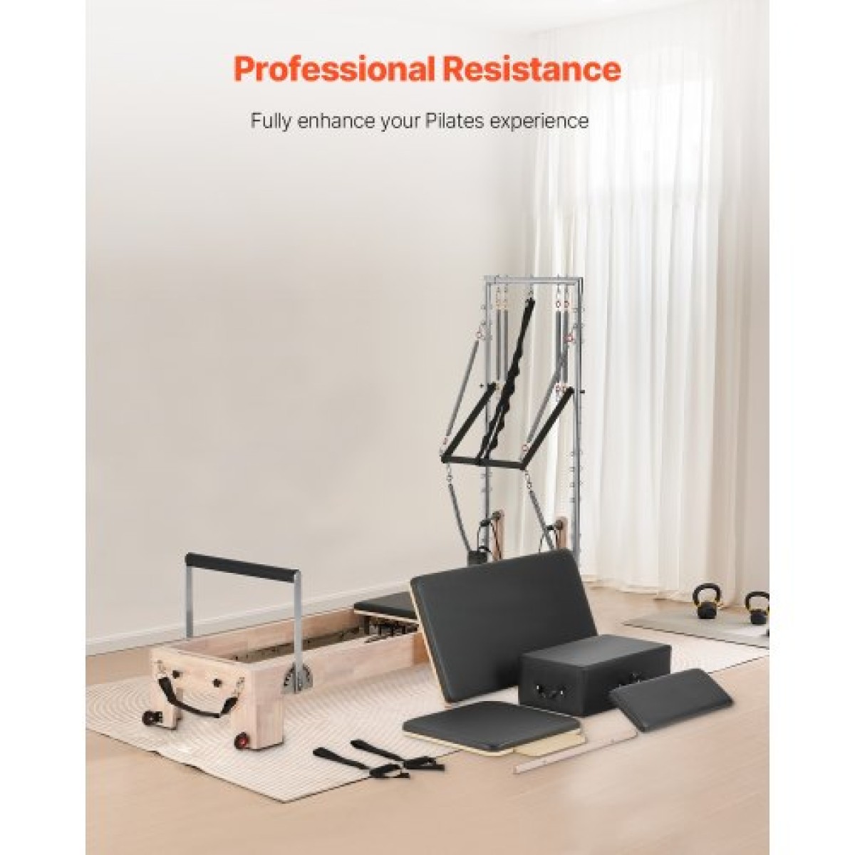VEVOR Pilates Reformer, Ξύλινο μηχάνημα Pilates για Γυμναστήριο στο σπίτι, Εξοπλισμός προπόνησης δύναμης με διπλή αντίσταση, Reformer Box, Jump Board, για προχωρημένους χρήστες και αρχάριους, έως 400 LBS
