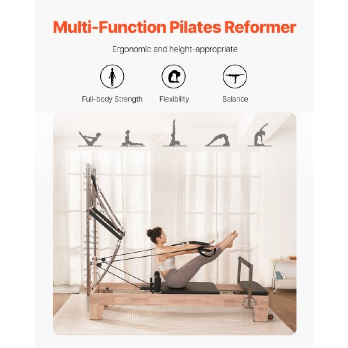 VEVOR Pilates Reformer, Ξύλινο μηχάνημα Pilates για Γυμναστήριο στο σπίτι, Εξοπλισμός προπόνησης δύναμης με διπλή αντίσταση, Reformer Box, Jump Board, για προχωρημένους χρήστες και αρχάριους, έως 400 LBS